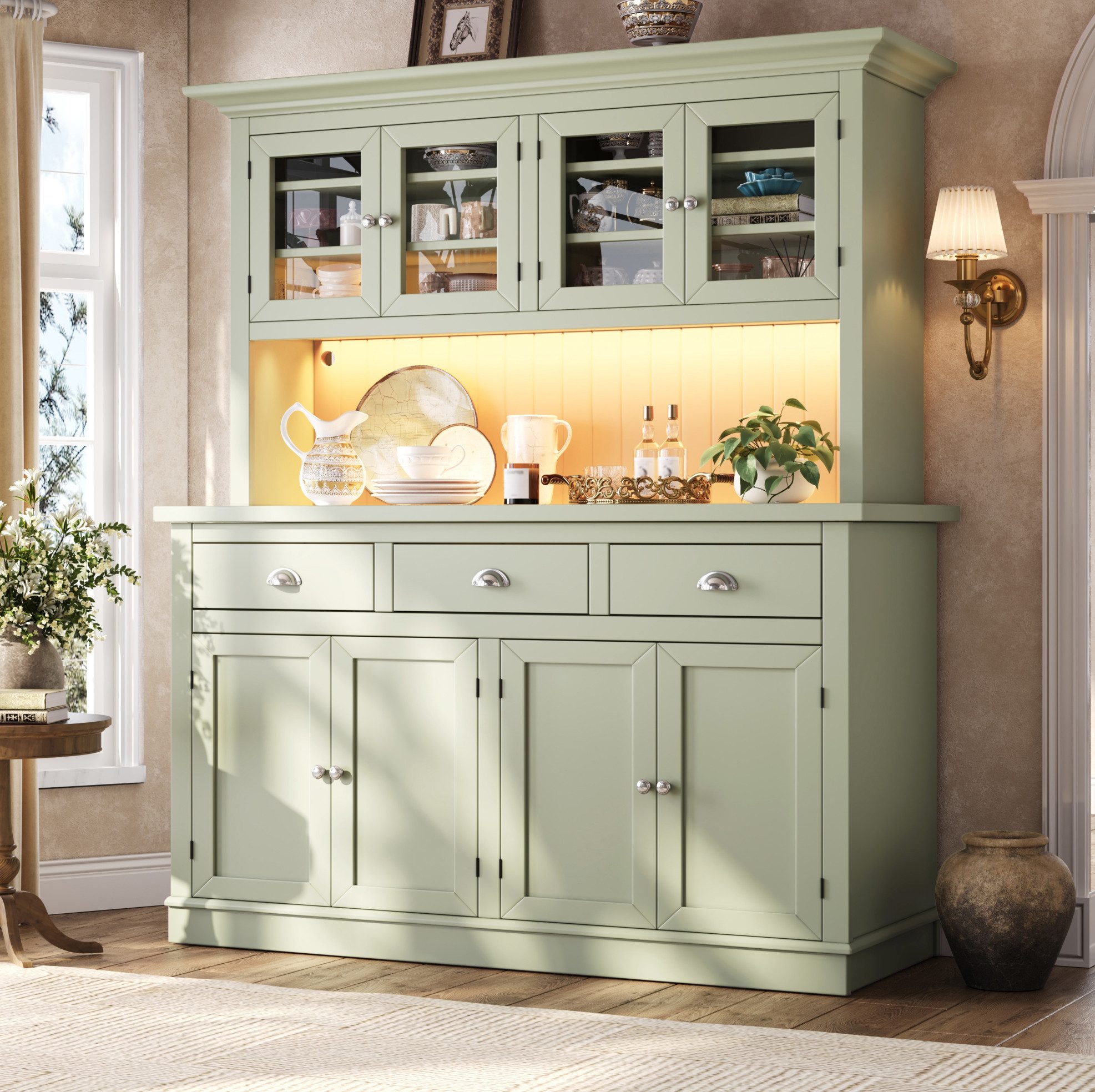 OKWISH Hochschrank Aufbewahrungsschrank mit Kippsicherung und verstellbaren Böden (Packung, 1-St., Vitrinenschrank mit Soft Close Metallgriffen für Wohnbereiche) Sideboard mit RGB LED Beleuchtung und Glastür Grün