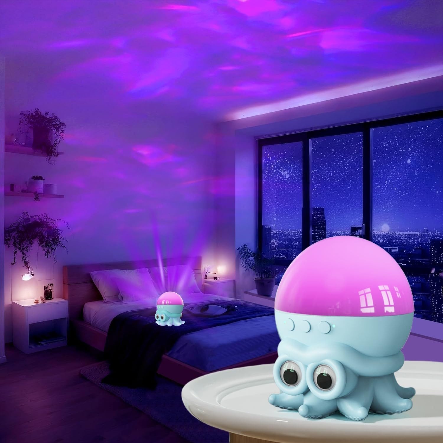SUMMERLANGUAGE LED Nachtlicht LED Nachtlicht Projektor Oktopus RGB Wellen Effekt Kinderzimmer, LED fest integriert, RGB, mehrfarbig, RGB Wellen Effekt Fernbedienung Akku USB LED Projektor Oktopus