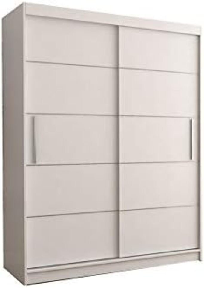 MOEBLO Kleiderschrank LARA 06 (mit dekorativen Elementen aus Aiminium, Schwebetürenschrank 2-türig Schrank, Gaderobe mit vielen Einlegeböden und Kleiderstange), (BxHxT): 150x200x61 cm Weiß | Weiß