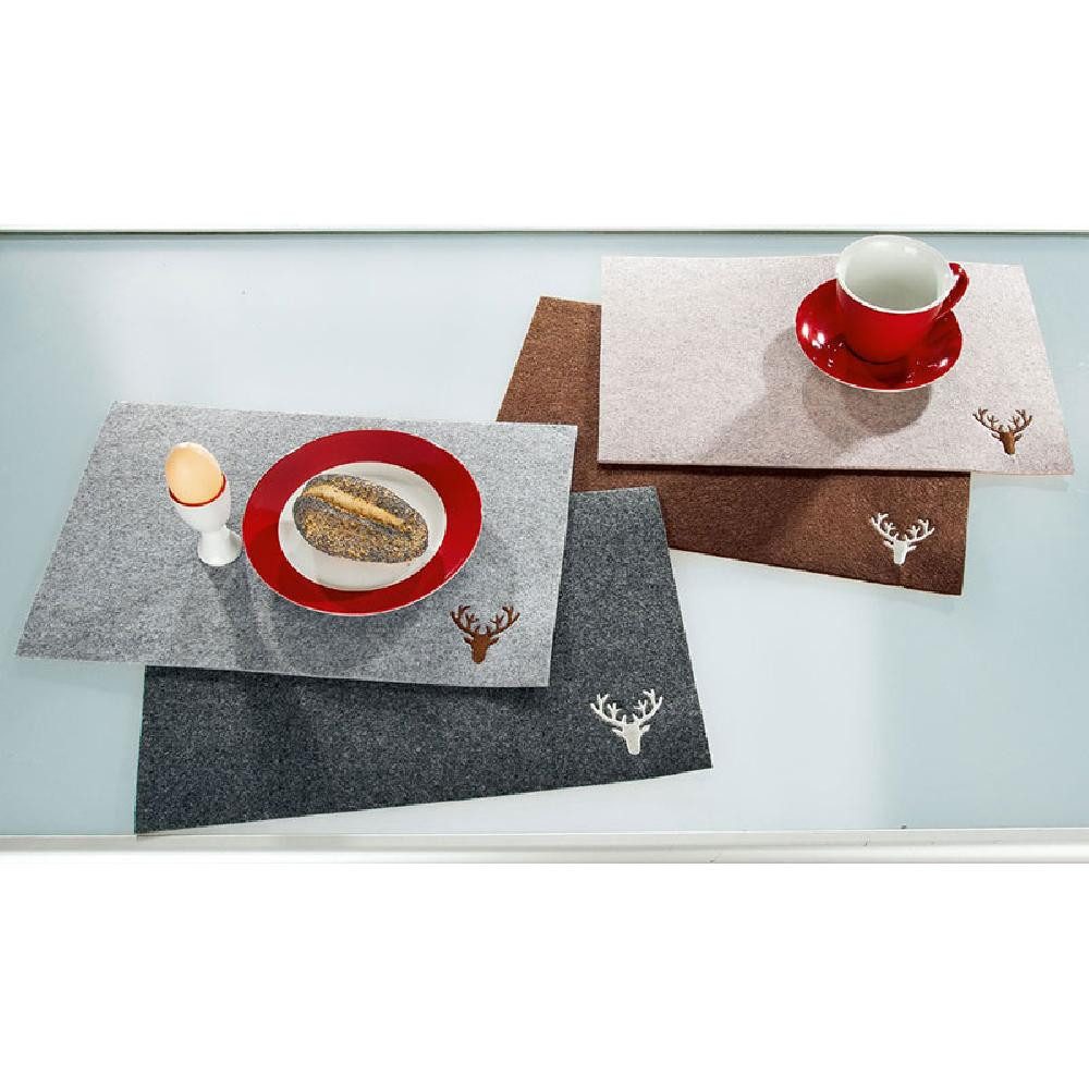 GILDE Platzset Platzset Tischset Filz mit Hirschmotiv Grau
