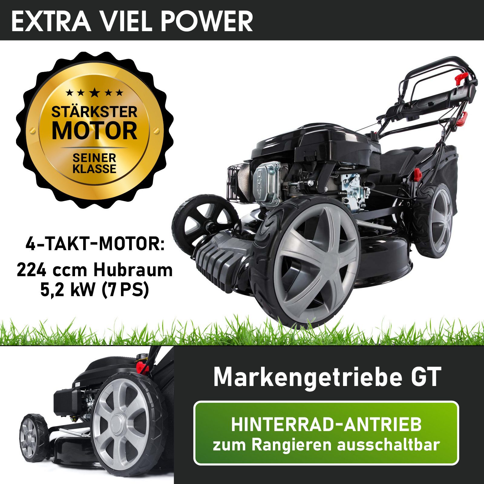 BRAST Benzinrasenmäher mit Antrieb, 5,2kW(7PS), TÜV geprüft, 4 Takt OHV Motor, 48 cm Schnittbreite, 30-80mm Schnitthöhe, 60L Fangkorb, Stahlgehäuse, 19224