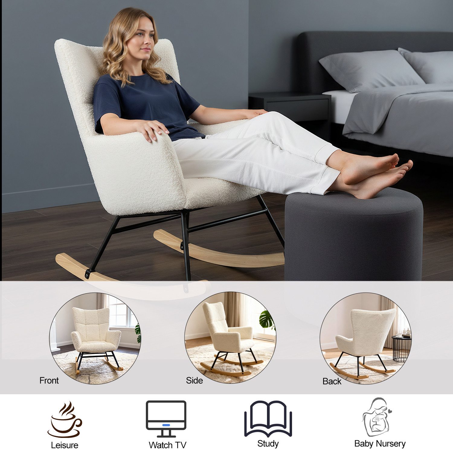 oyajia Schaukelstuhl Stillsessel Relaxsessel Loungesessel (Mit Holzkufen Wohnzimmersessel für Schlafzimmer Kinderzimmer,Teddysamt), Metallgestell Holzsockel – Bild 4 von 5