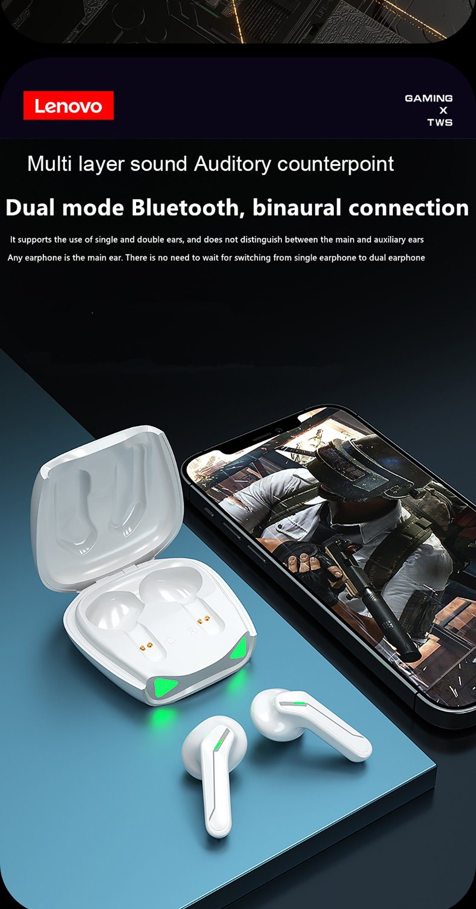 Kopfhörer-Ladehülle mit XT85 Stereo-Ohrhörer - Touch-Steuerung Wireless, mit Assistant, Siri, 5.0, Bluetooth Bluetooth-Kopfhörer (True 300 kabellos, Lenovo Google mAh Schwarz)