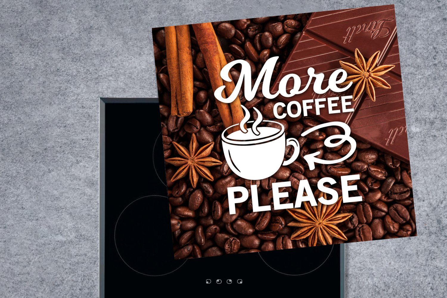 MuchoWow Herdblende-/Abdeckplatte Kaffee Arbeitsplatte - Mehr Kaffee 78x78 Vinyl, - küche Sprichwörter tlg), bitte cm, Ceranfeldabdeckung, - (1 Zitate, für