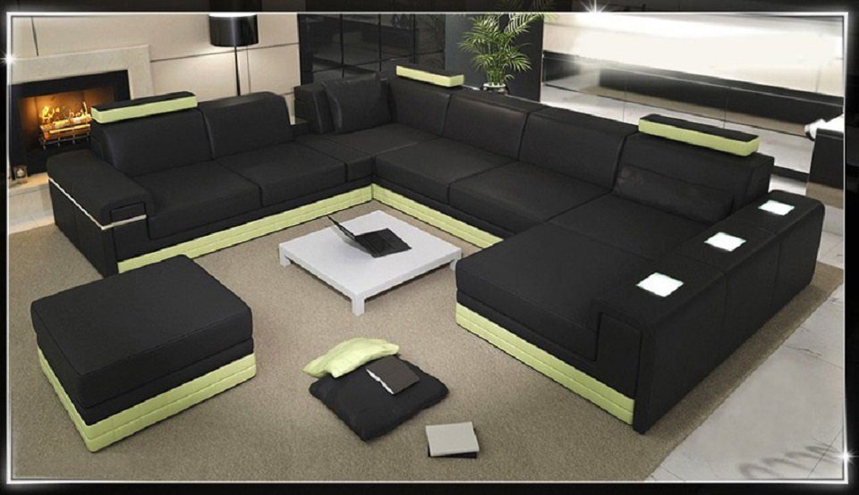 JVmoebel Ecksofa Ledersofa Couch Sofa Sofa U-Form Eck Weißes Modern mit Beleuchtet, Design Sofa Beleuchtung Ecksofa Schwarz/Grün