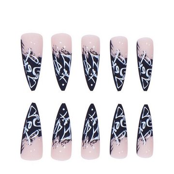 YRIIOMO Kunstfingernägel Lange, spitze, schwarz-weiße Graffiti-Mädchen-Farbverlauf, tragbare, abnehmbare Maniküre-Nägel