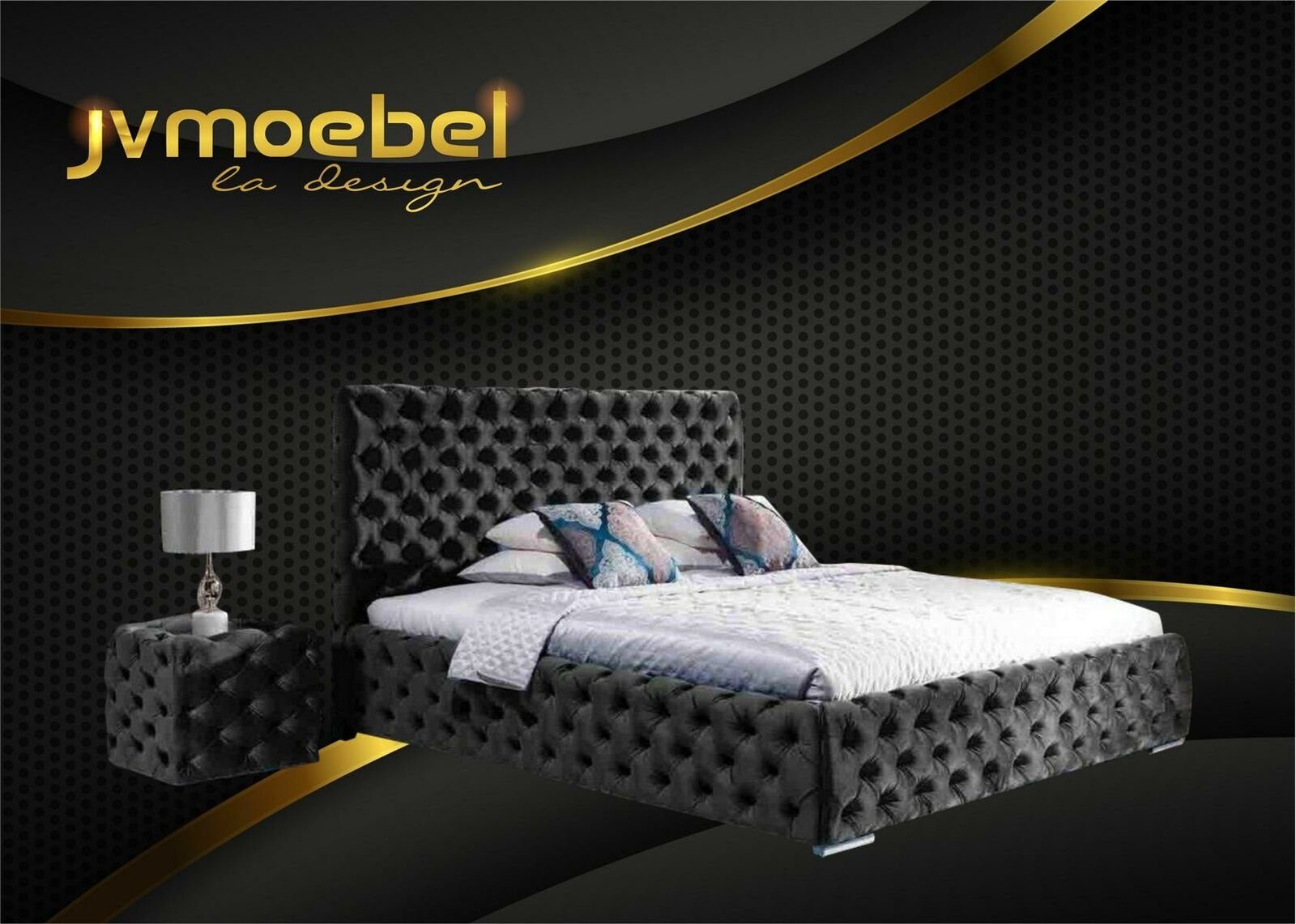 Design Möbel Bett, JVmoebel Betten Schwarz Modern Set Bett Schlafzimmer Chesterfield