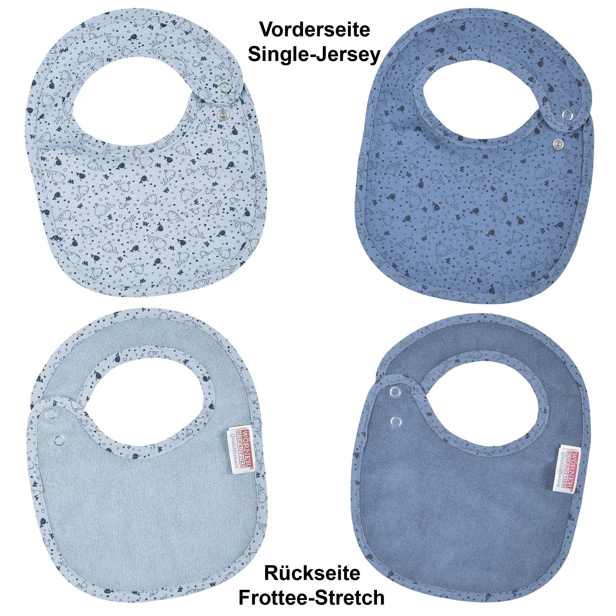 Wörner Lätzchen Wal blau Druckknopflatz 22x29 cm, (2-St), mit Druckknöpfen, maschinenwaschbar, trocknergeeignet