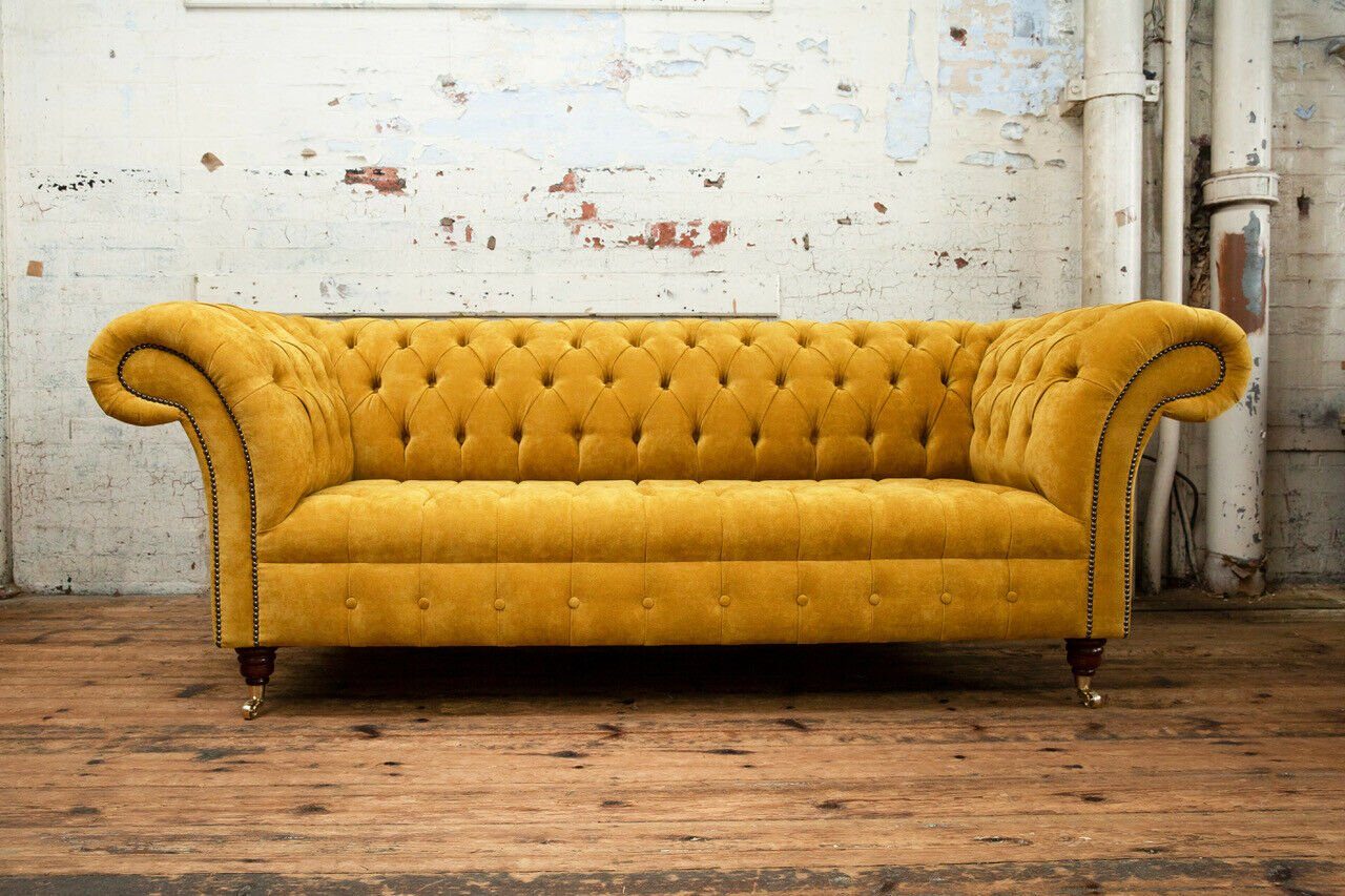 Knöpfen. Gelbe, Modern Design Sitzer mit Sofa Rückenlehne Samt Die Wohnlandschaft 3 JVmoebel Chesterfield-Sofa Couch
