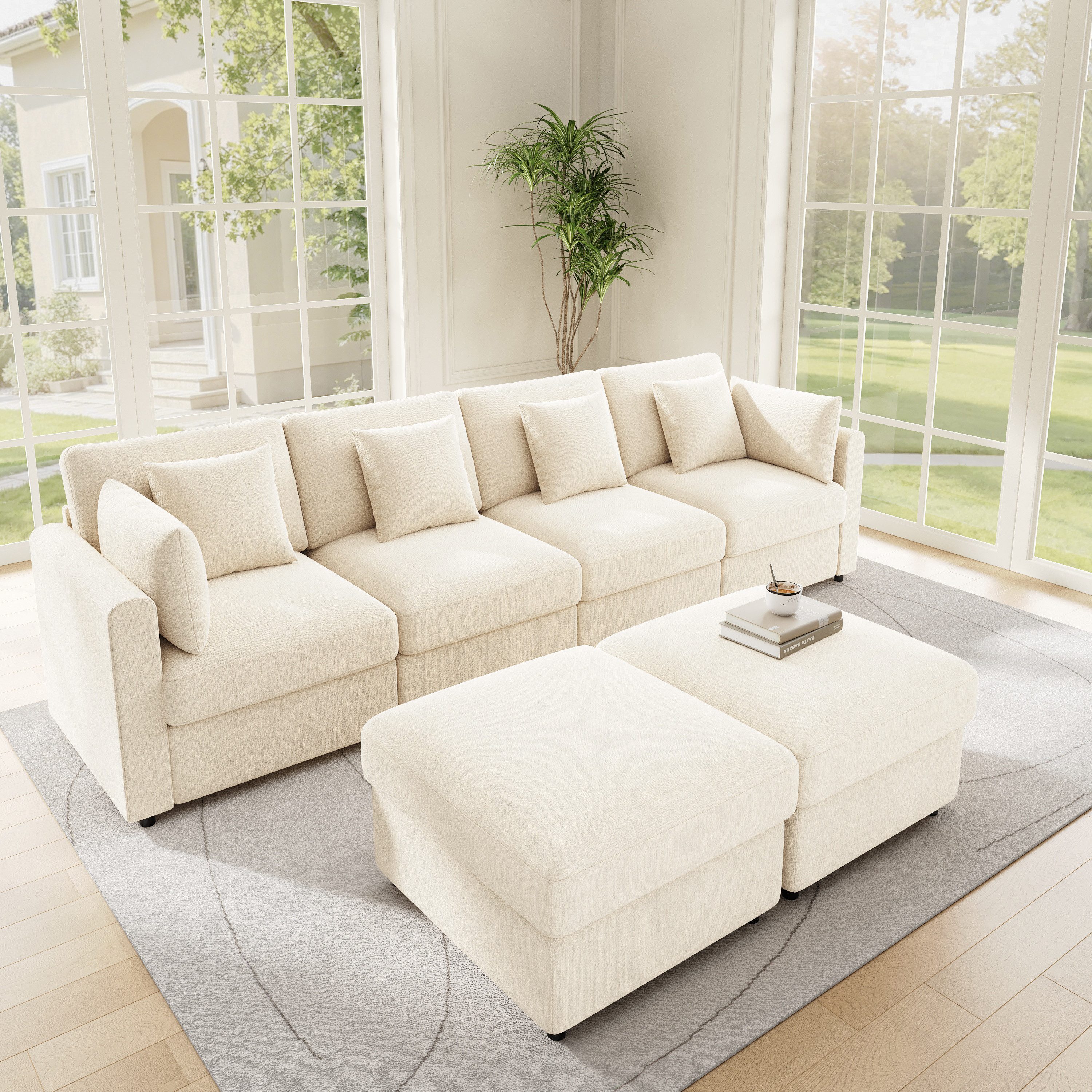 Merax Ecksofa aus Chenille, Modulares Sofa mit verstellbaren Armlehnen, für 4-6 Personen 1 Teile, U-/L-förmiges Sofa mit 2 Hockern, 4 Kissen & 2 Kopfstützen, wandelbar