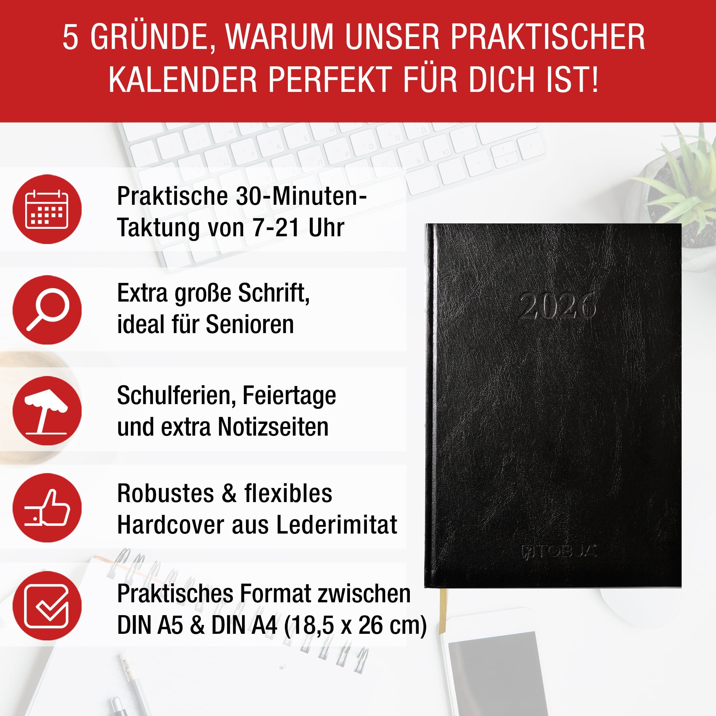 Thumbnail - TOBJA Buchkalender Buchkalender 2026 - Terminplaner 2026 18x26 cm, große Schrift, flexibles Hardcover, Lesebändchen. Kal...
