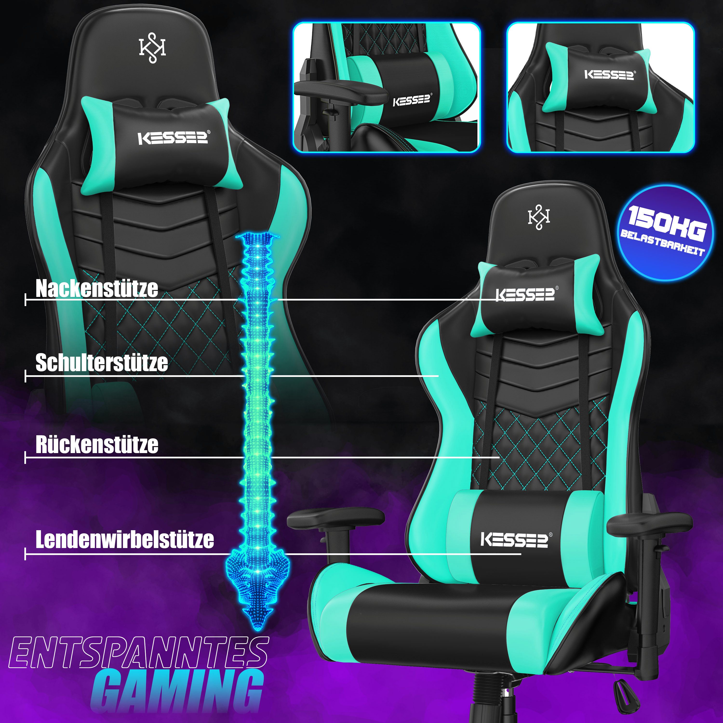 KESSER Gaming Chair, Ergonomisch Gamingstuhl 150kg belastbar Bürostuhl Lenden- & Kopfkissen