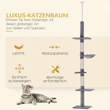 PawHut Kratzbaum Deckenhoch höhenverstellbar Katzenkratzbaum Katzen Kletterbaum, Grau, 40L x 34B x 230-260H cm