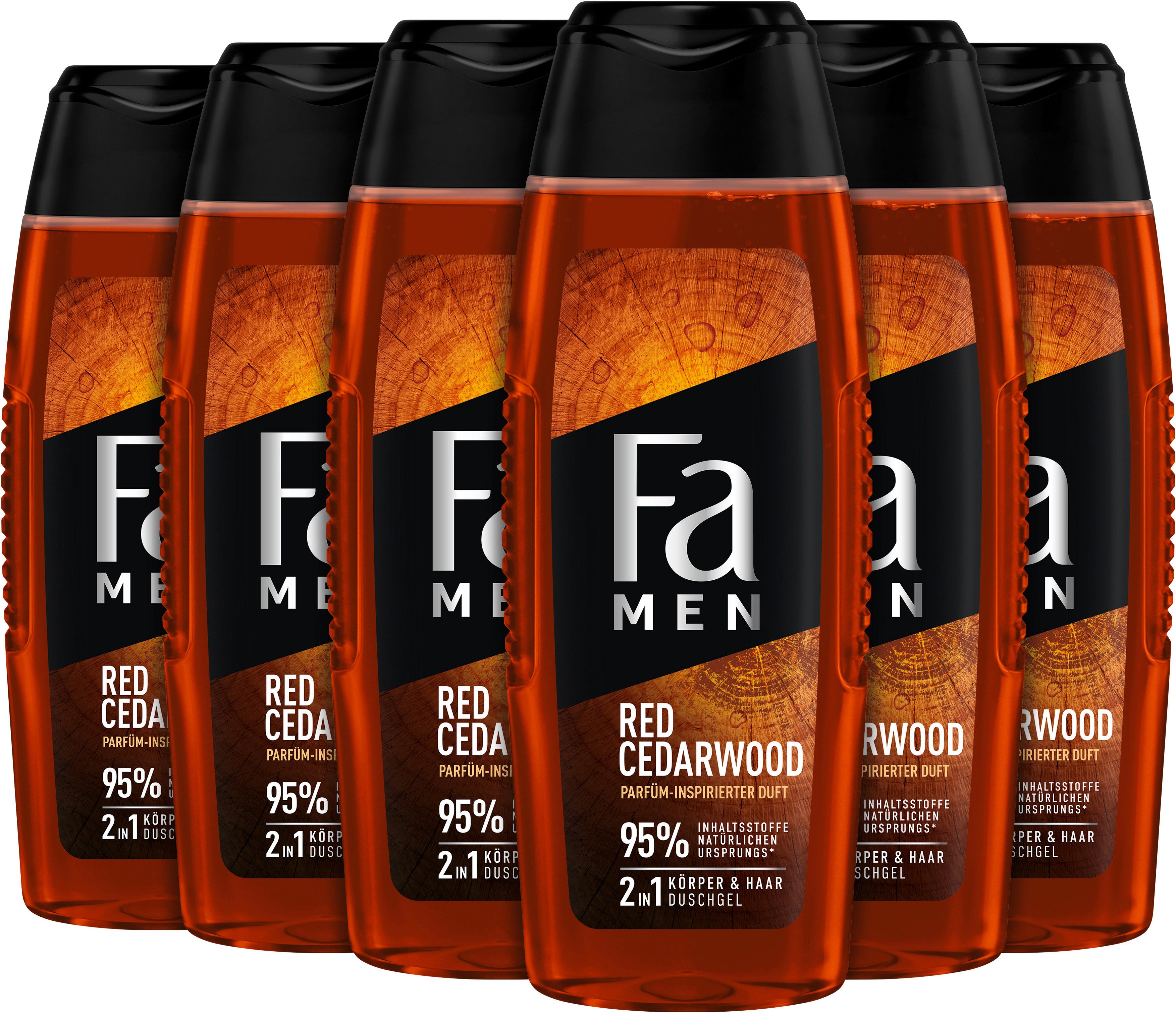 FA Duschgel Duschpflege Men Red Cedarwood, 6x 250 ml, 6-tlg., 2in1 Formel für Körper & Haare, Vegan
