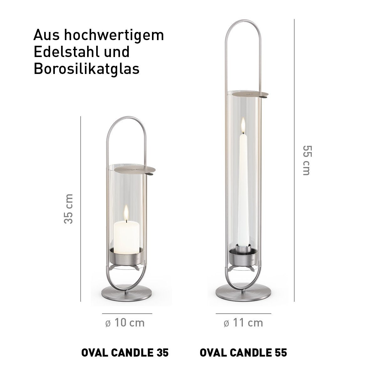 höfats Kerzenhalter OVAL CANDLE (Windlicht zum Aufstellen oder Hängen, Kerzenständer aus Edelstahl und Glas, leichte Reinigung)