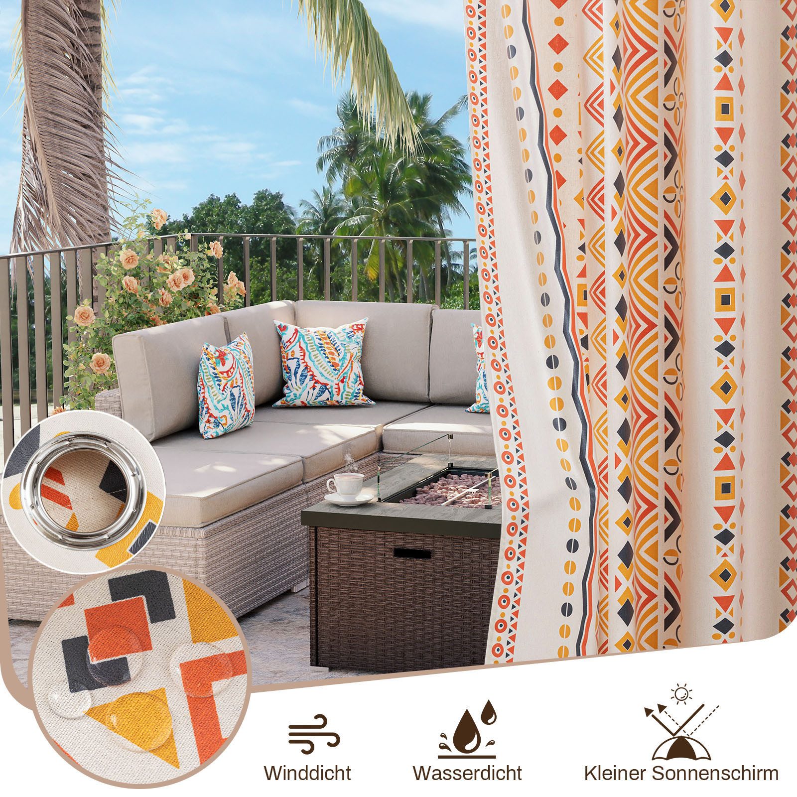 BTTO V&G Outdoorvorhang 2er-Set Vorhänge Boho Gardinen Ösen Outdoor-Gardinen,Wasserdicht, H×B: 213 x 132,244 x 132,274 x 132cm,für Wohnzimmer Schlafzimmer