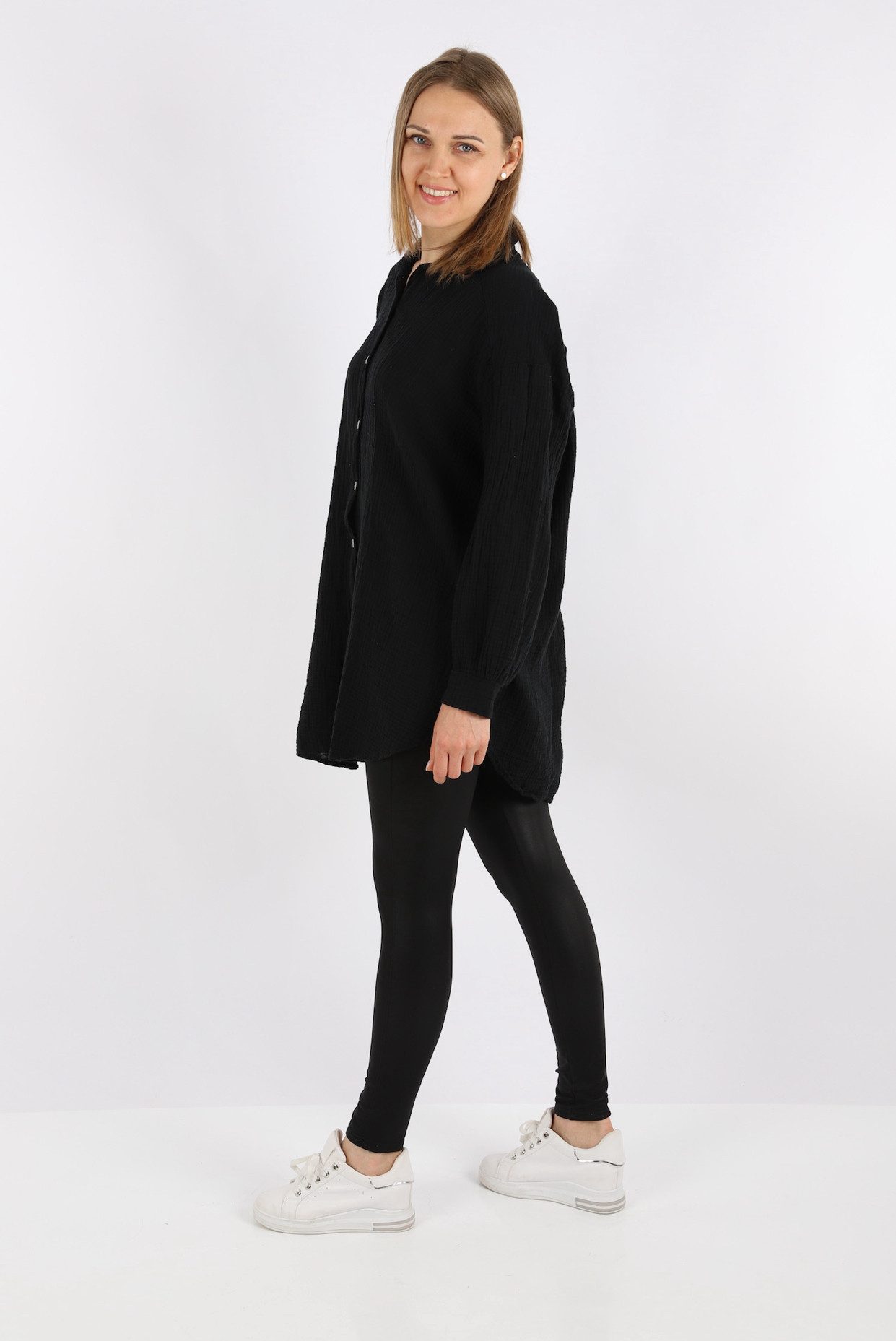 HELLO MISS Blusenkleid Beliebte Musselin Oversize Bluse in Lang, Baumwolle Hemd, Sommer Bluse in Unifarbe