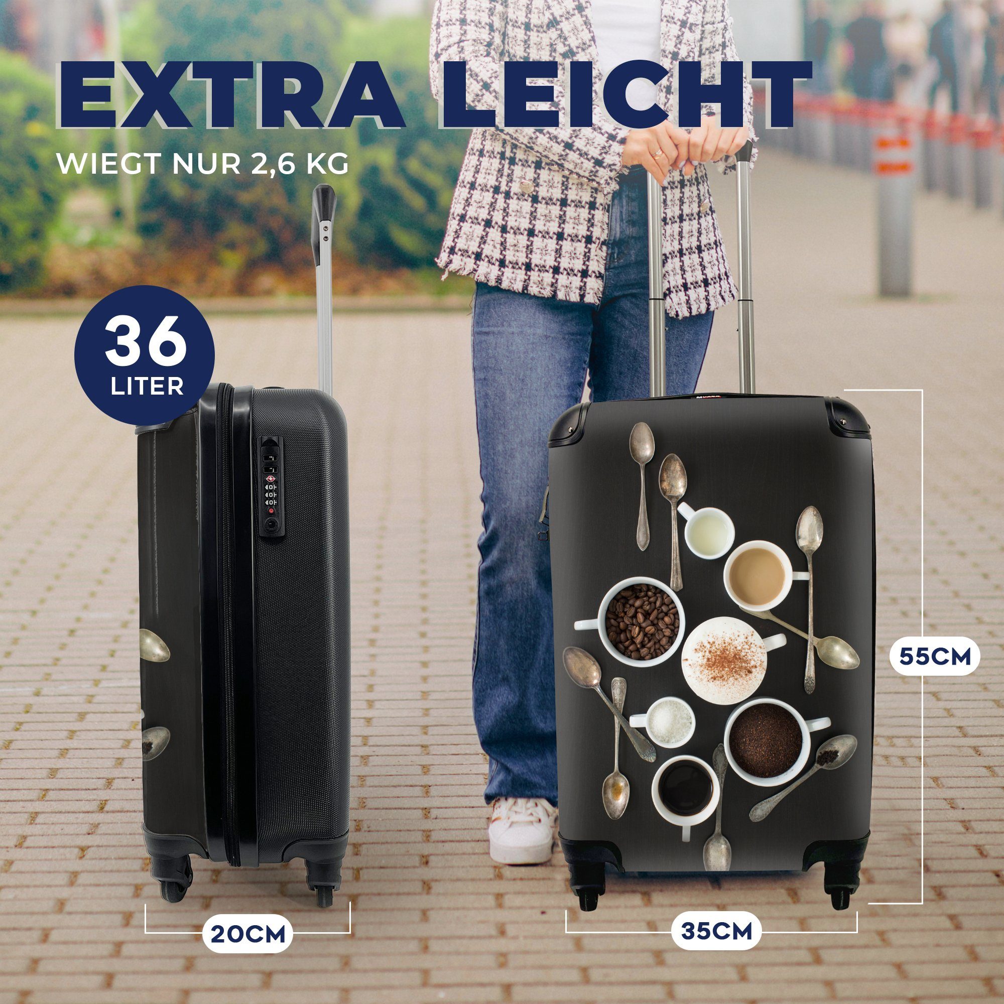 Ein Handgepäck Trolley, rollen, von Reisetasche Blick Kaffee, Inhaltsstoffe MuchoWow 4 auf von Rollen, mit oben Handgepäckkoffer Reisekoffer Ferien, die für