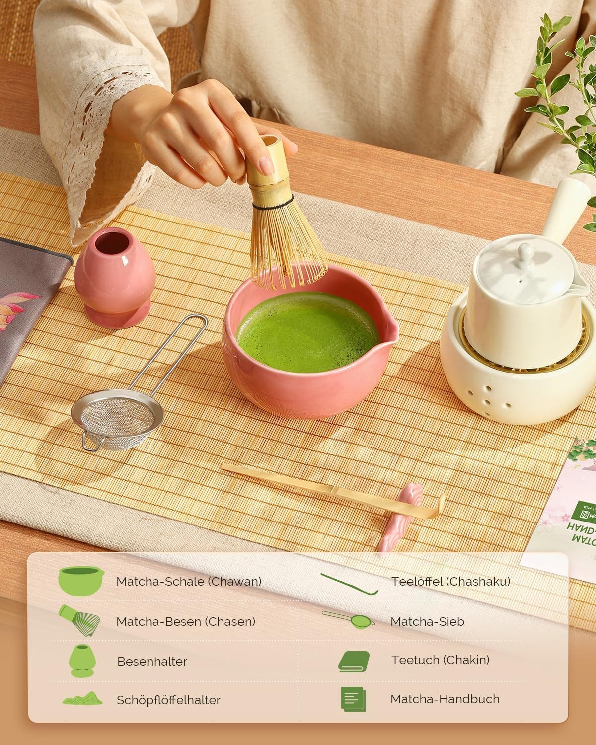 Maestri House Teeservice Japanisches Matcha Zubehör Set Matcha Besen Set Geschenkset 7-Teilig, Bambus, 510ml Schale, Bambus-Chasen, Haltern, Sieb, Löffel und Tuch erhalten
