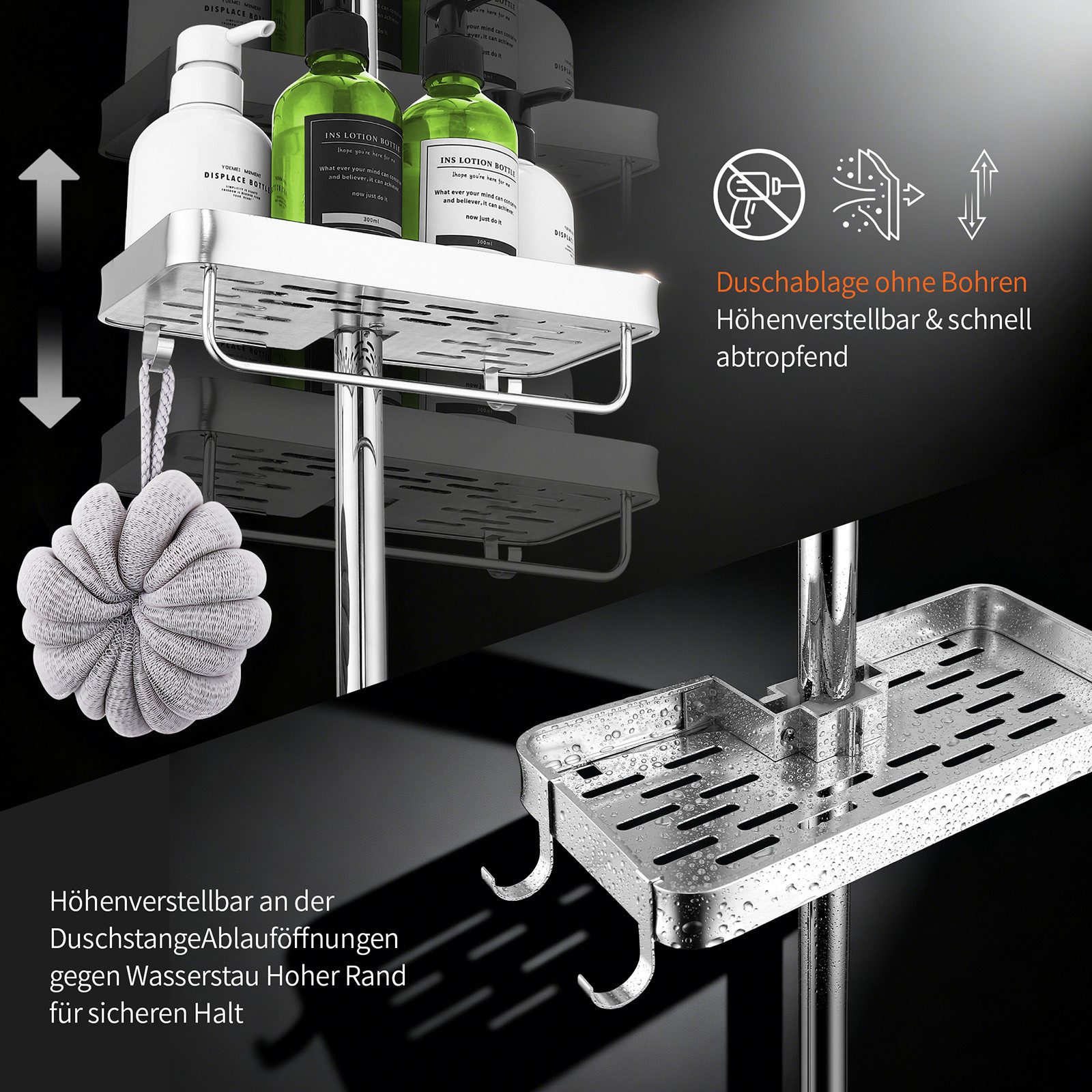 HOMELODY Duschsystem Regendusche 30 cm mit Ablage Handbrause 5 Funktionen Chrom, Duschset Edelstahl Umsteller höhenverstellbar PVC Schlauch ohne Bohren