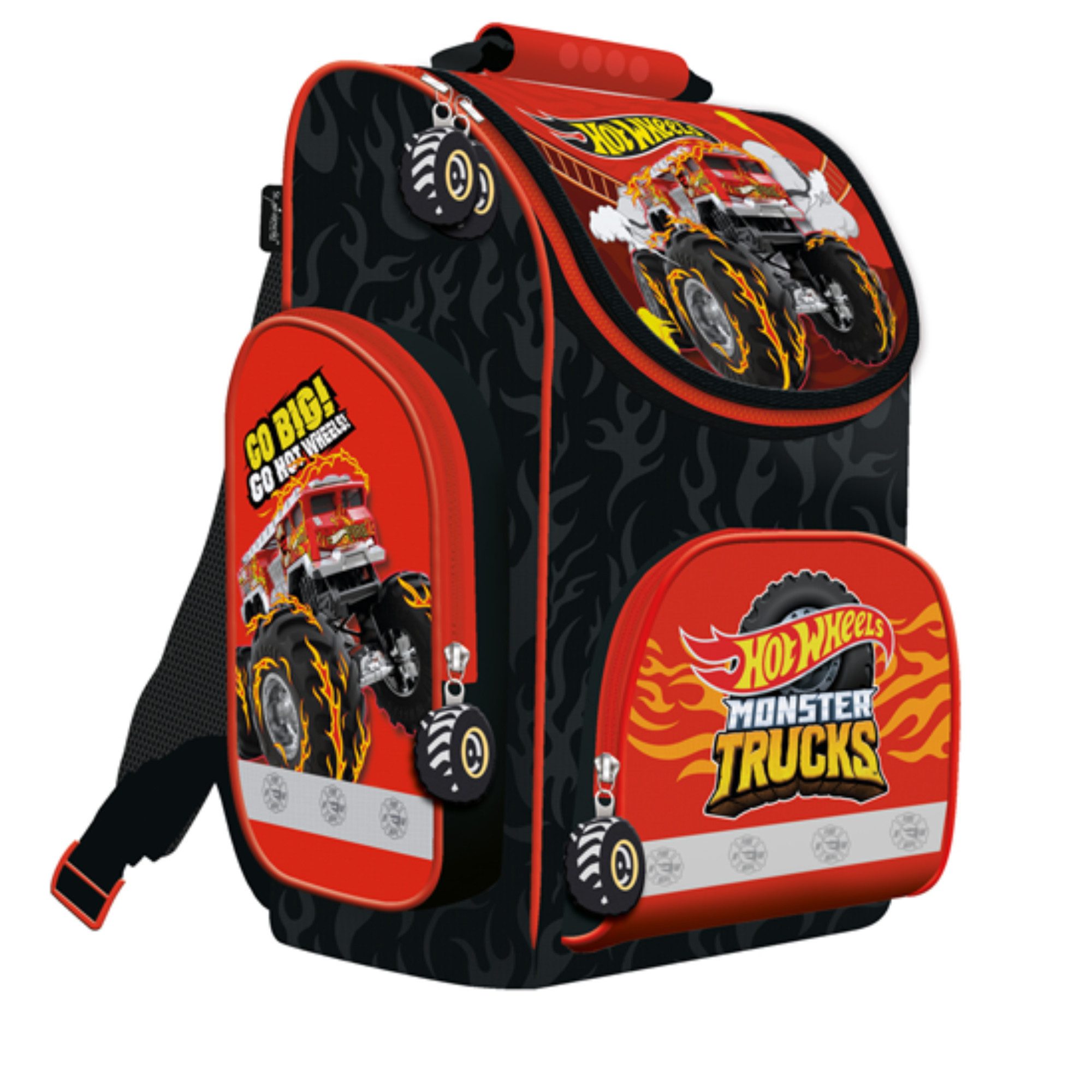 GOLDKIDS Schulranzen für Jungen und Mädchen, 4er-Set - (Schul-Rucksack für Kinder mit, 1-tlg., Federmäppchen - Schuhbeutel und Regenschutz), - Hot Wheels Motiv - 1-3 Klasse