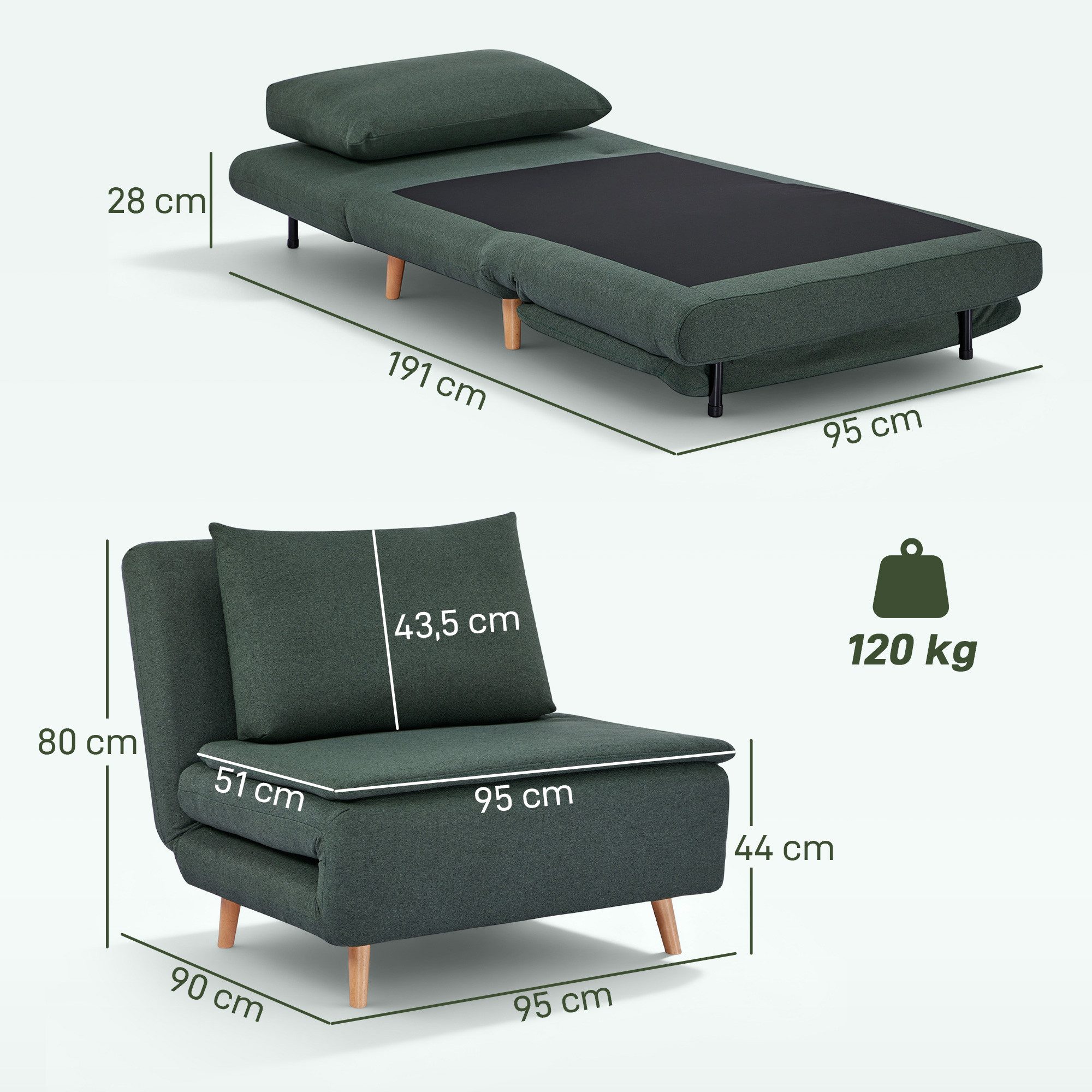 HOMCOM Sessel Schlafsofa Extra Breit 3-in-1 Klappbar, Leinenoptik Chaiselongue (Relaxsessel, 1-St., Klappsessel), für Wohnzimmer, Schlafzimmer, Dunkelgrün