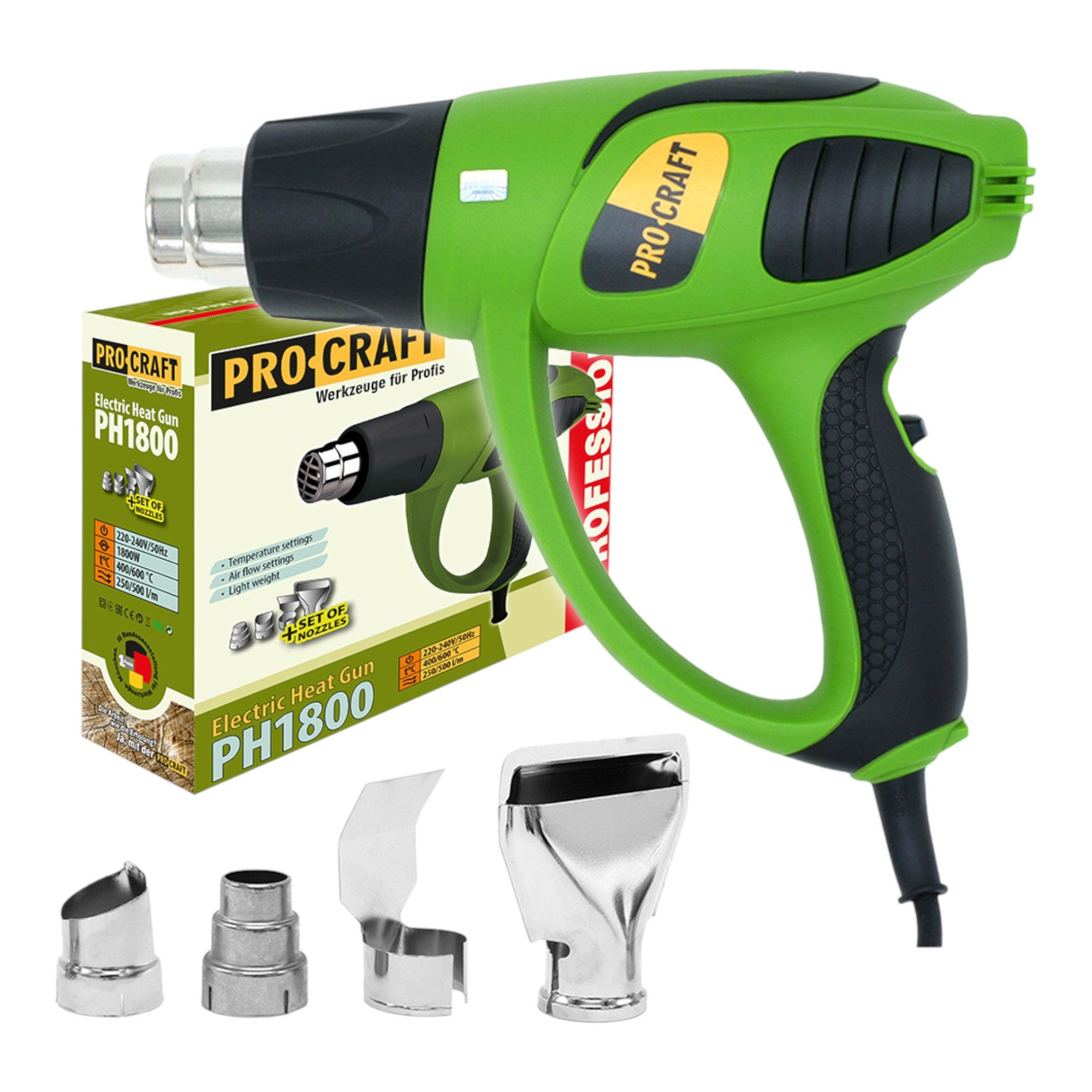 PRO CRAFT Heißluftgebläse PH1800 Heißluftpistole 1800 Watt 400 - 600 °C + 4x Düse