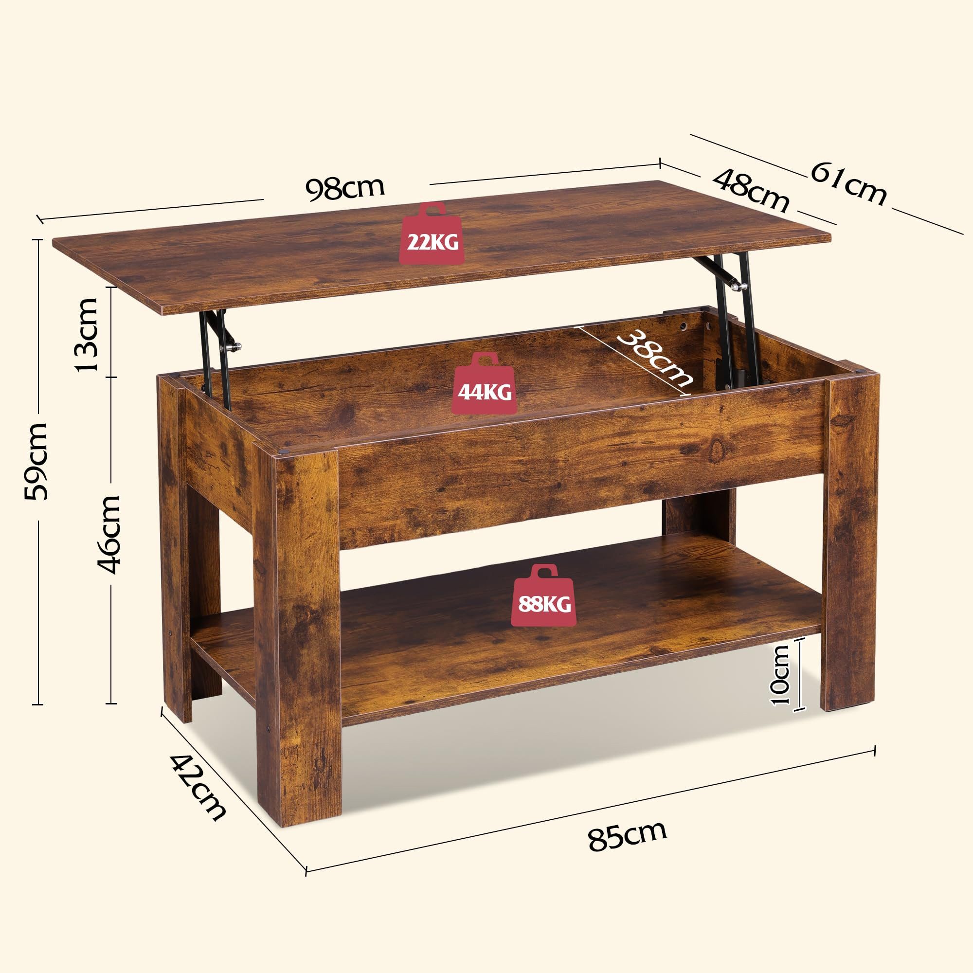 WLIVE Couchtisch Höhenverstellbar und Ausziehbar, Couchtisch Holz mit Stauraum (Wohnzimmertisch für Wohnzimmer, Büro, 1 Tisch), 98 x 48 x 46 cm