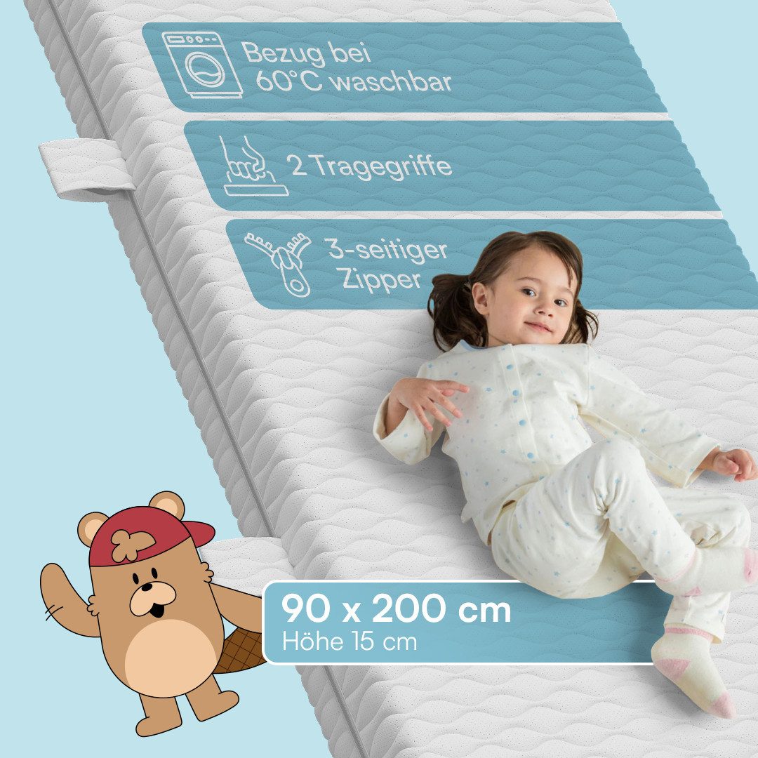 Bellabino Hausbett Kinderbett Bia mit Lattenrost (hellgrau, mit Matratze), Bodenbett mit Rausfallschutz, verfügbar in 80x160 & 90/120/140x200 cm – Bild 3 von 5