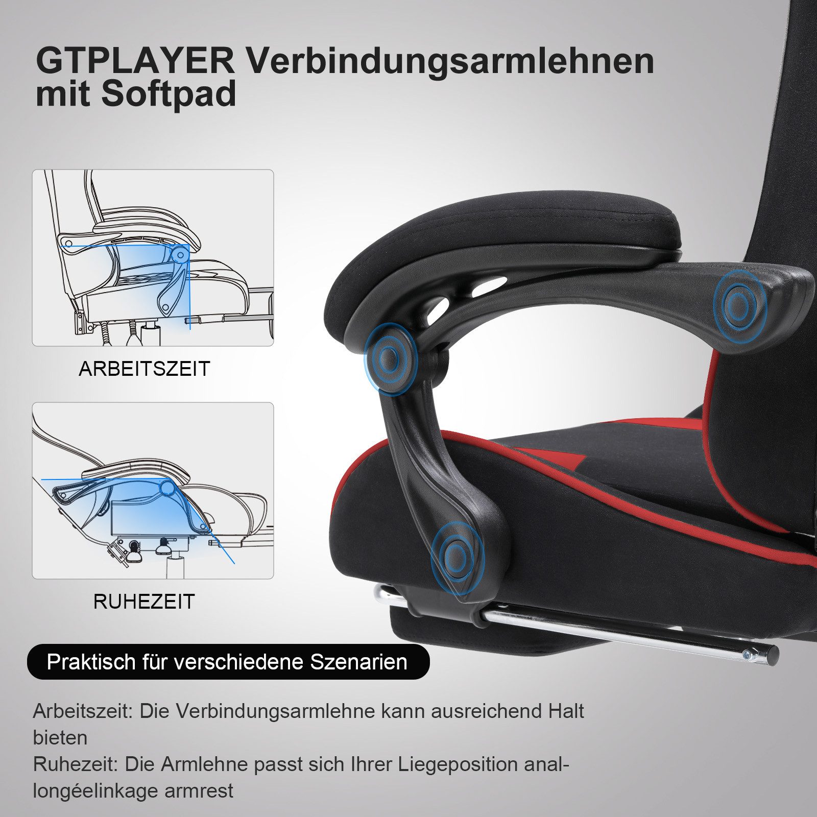 GTPLAYER Gaming-Stuhl Bürostuhl mit Massagefunktion, Fußstütze, Kopfstütze (Packung), Ergonomischer Gamer Stuhl Maximale Belastung 150 kg, 360° drehbar – Bild 3 von 5