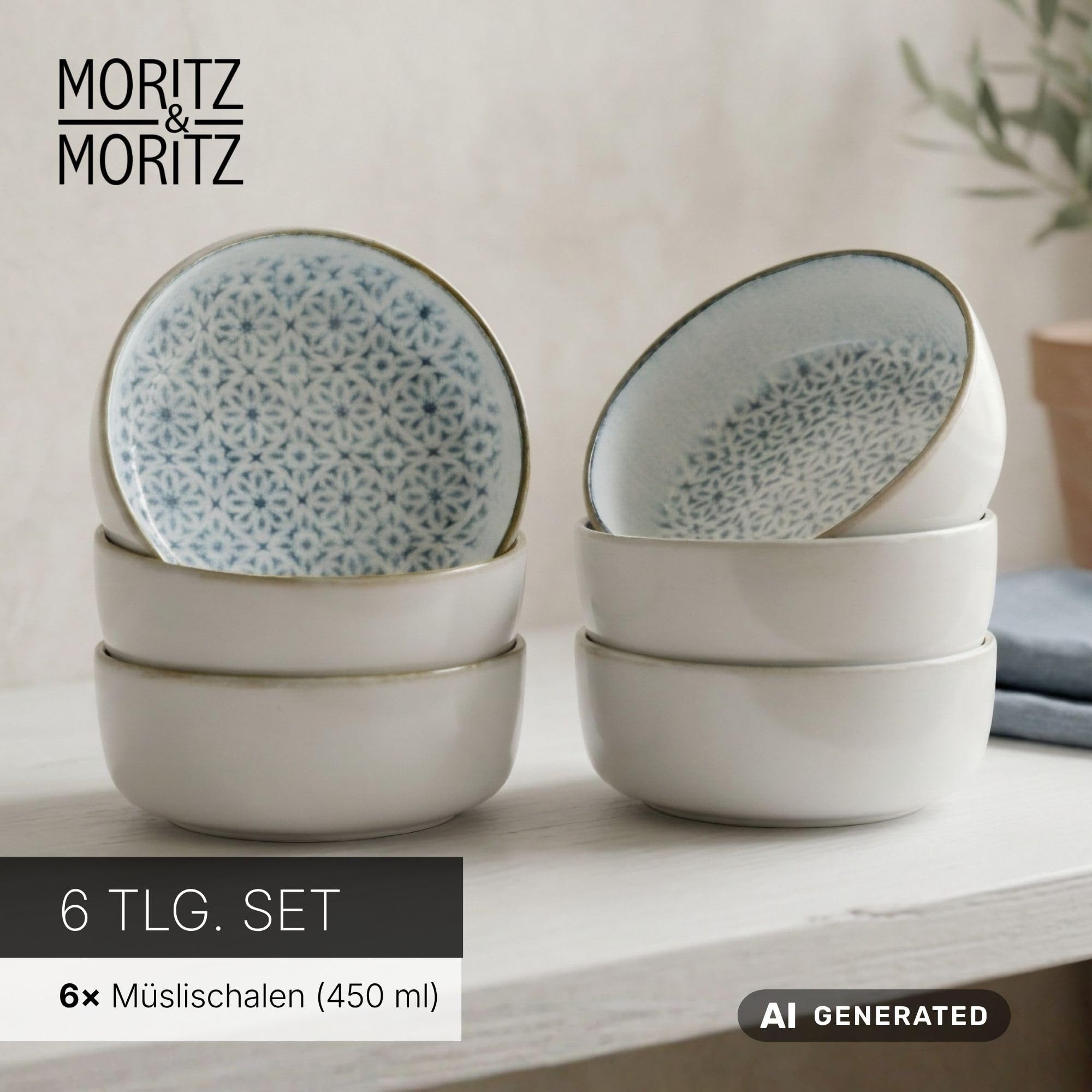 Moritz & Moritz Müslischüssel ALHAMBRA Müslibowls Blau, Steinzeug, (Set, 6-tlg), Hochwertiges Steinzeug, Spülmaschinengeeignet – Bild 2 von 5