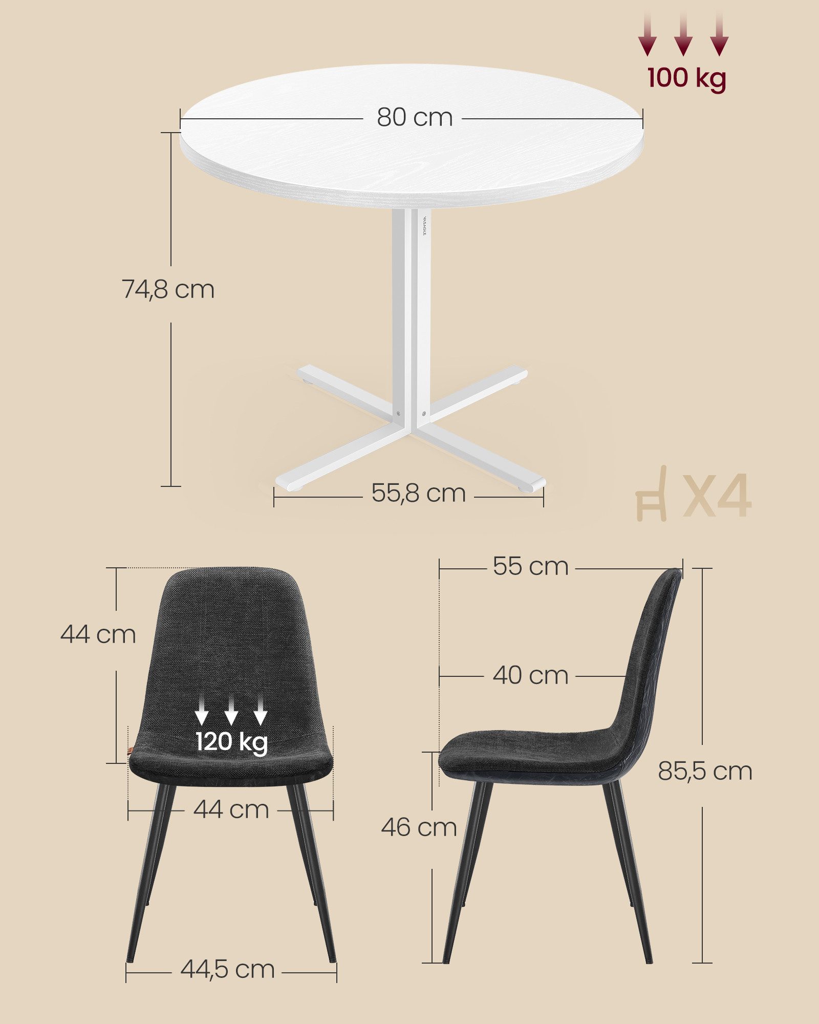 VASAGLE Essgruppe Runder Tisch mit Esszimmerstühlen, Essgruppe, (5-tlg), Küchentisch 80x80x74.8cm, 4 Esszimmerstühlen je 55 x 43,5 x 85,5 cm – Bild 3 von 5