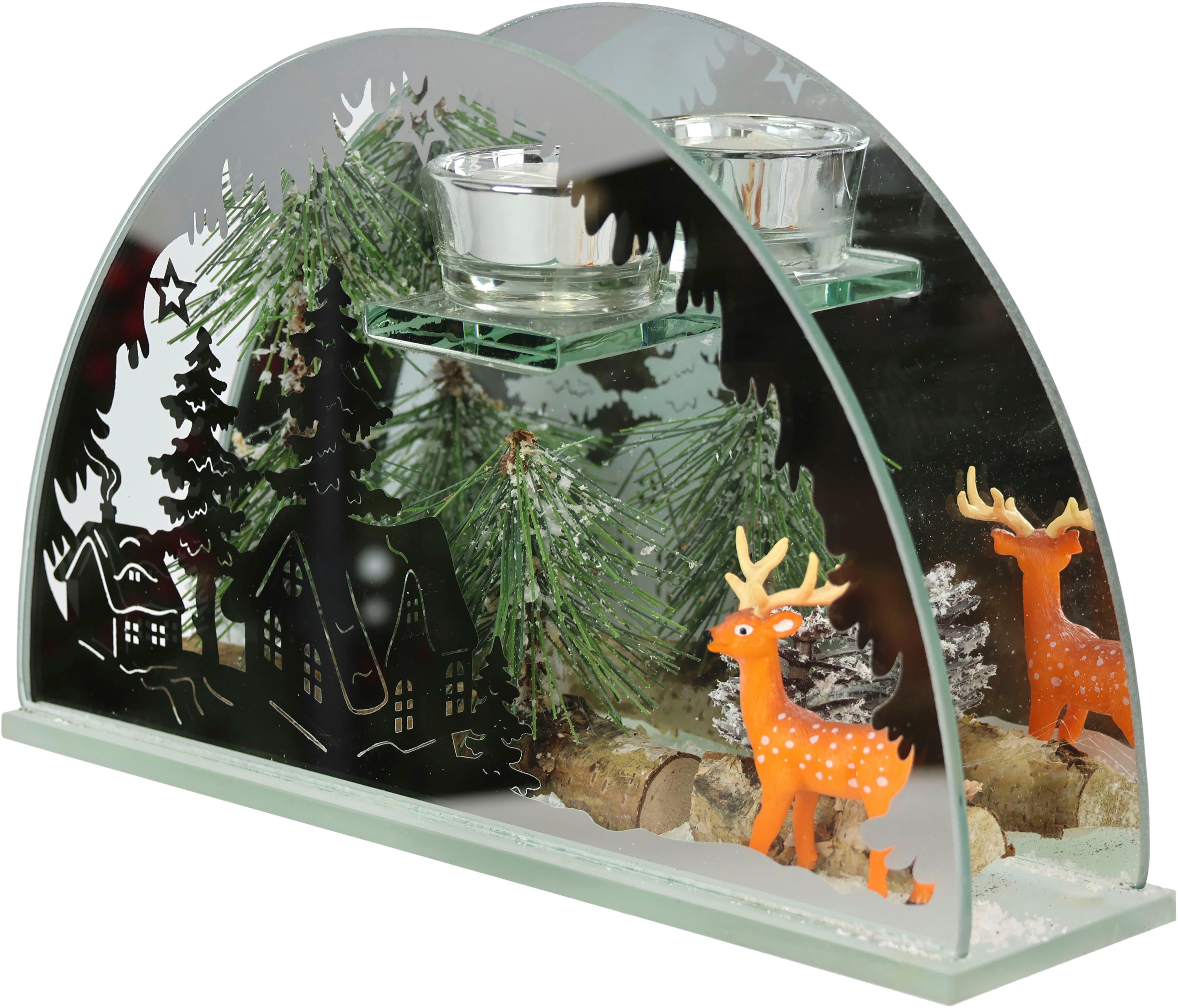 I.GE.A. Spiegelglas, 15 Hirsch-Deko (1 Kerzenhalter, aus in Weihnachtsdeko, cm Deko-Objekt Höhe ca. mit Teelichthalter Winterlandschaft, St),