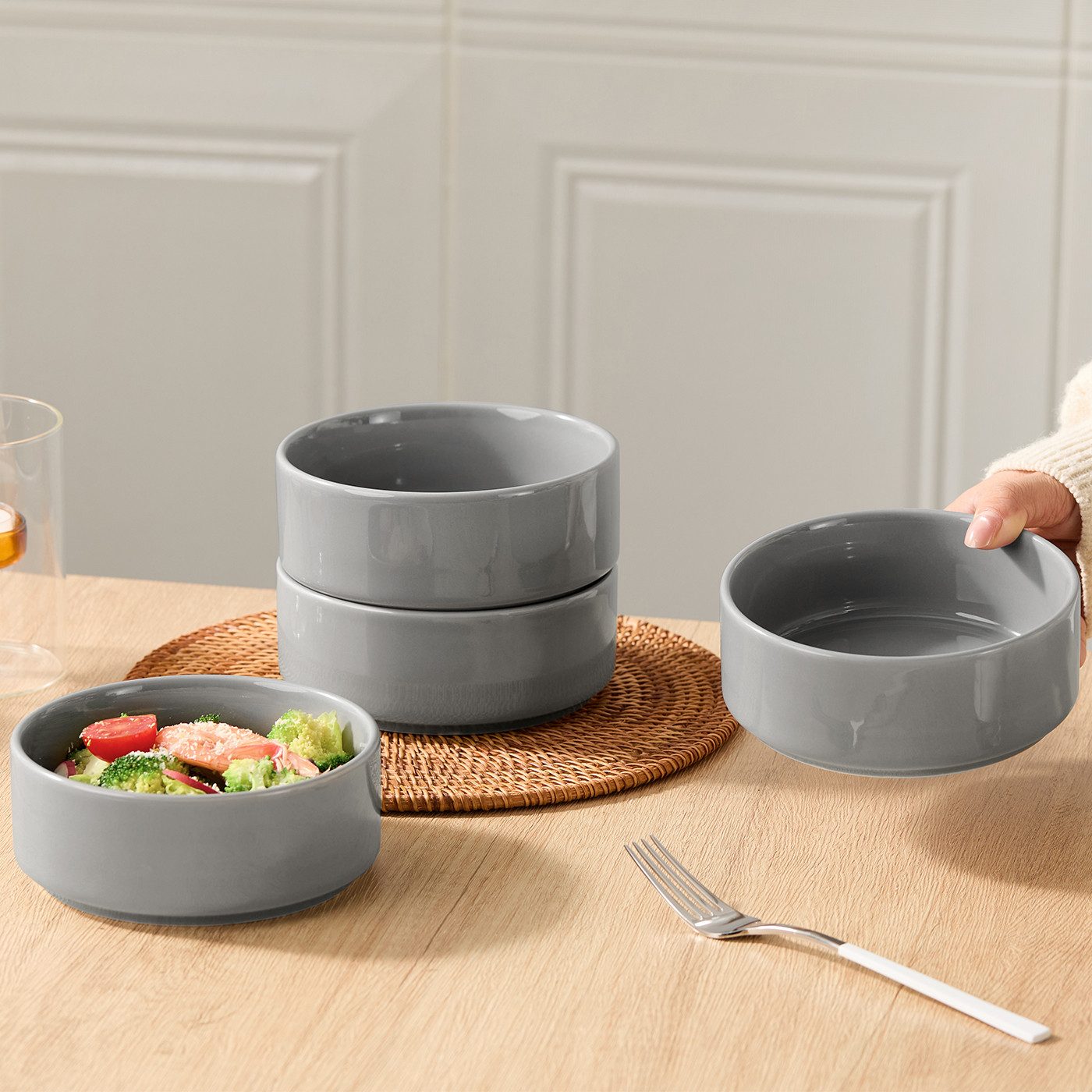 JIWOO Salatschüssel 4er Ø13,5cm, Müslischüssel Suppenschüssel Dessertschale Obstschale, Keramik, (Schüsselset, 4-tlg), Bowl Hochwertiges Schüsseln Grau Schüssel Mikrowellenofen Spülmaschine