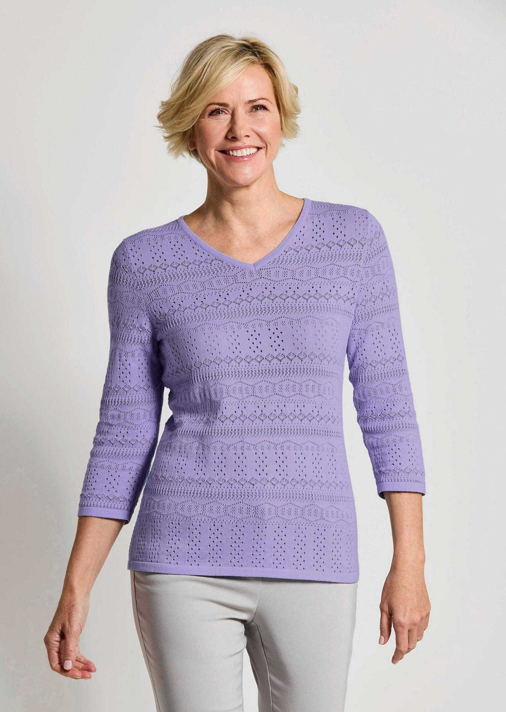GOLDNER Strickpullover Sommerpullover mit V-Ausschnitt Baumwollpullover mit Ajourmuster, V-Ausschnitt und 3/4-Ärmeln