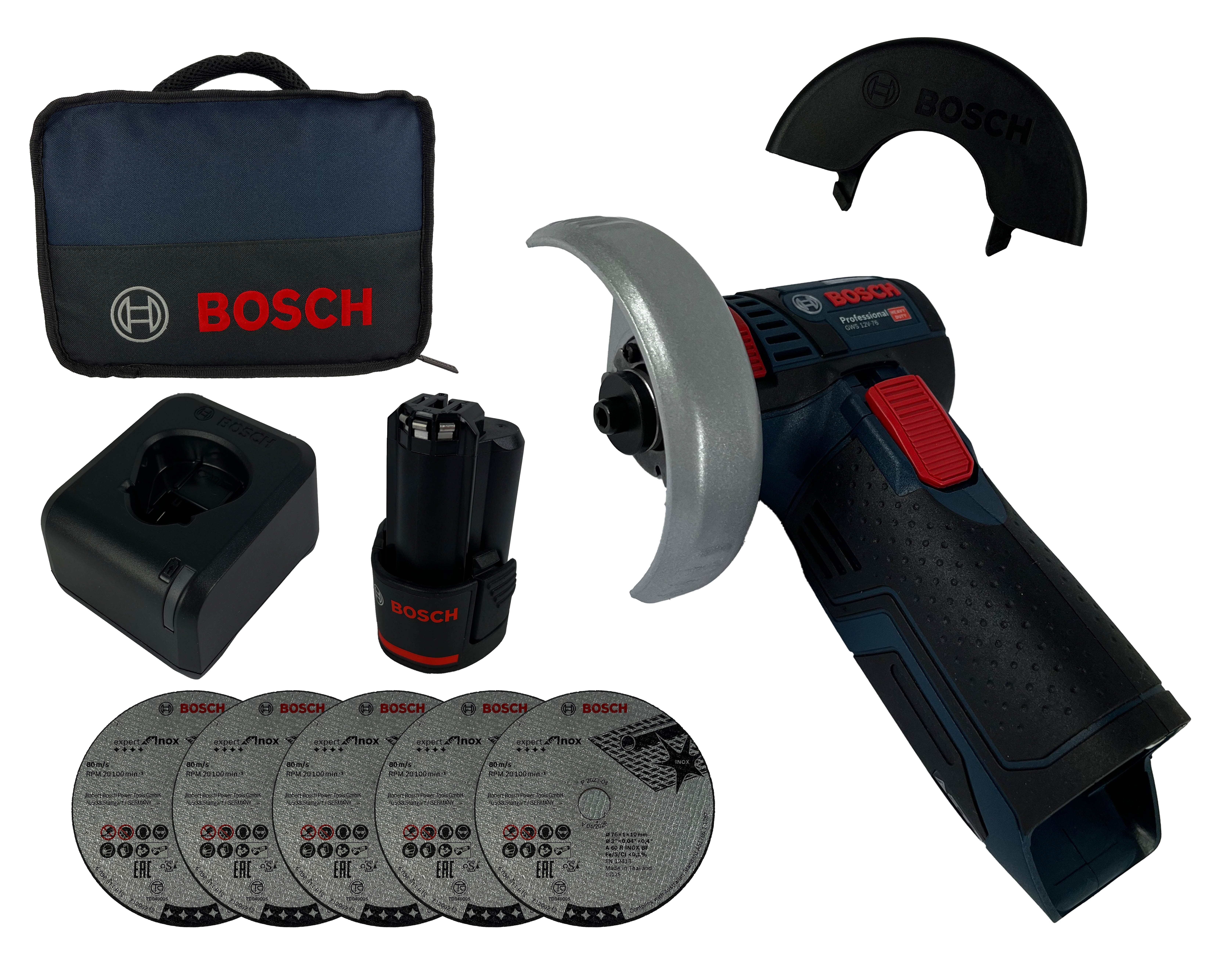 Bosch Professional Akku-Winkelschleifer GWS 12V-76, mit Akku 2 Ah und Ladegerät in Tasche inkl. 5tlg. Trennscheiben-Set