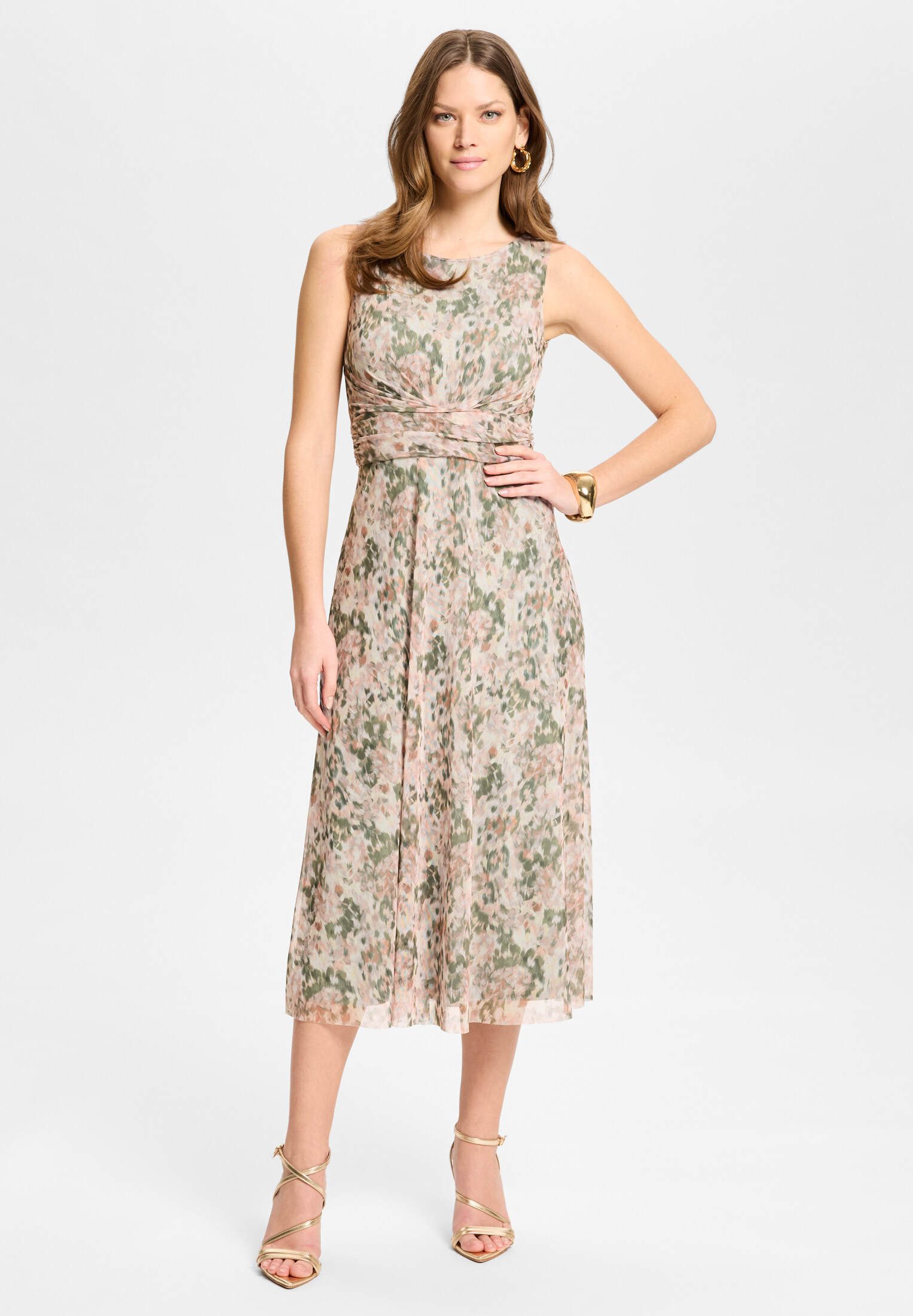 SWING Cocktailkleid - Midi Kleid aus bedrucktem Mesh mit Twist Detail Taillierter Schnitt mit fließendem Rockteil