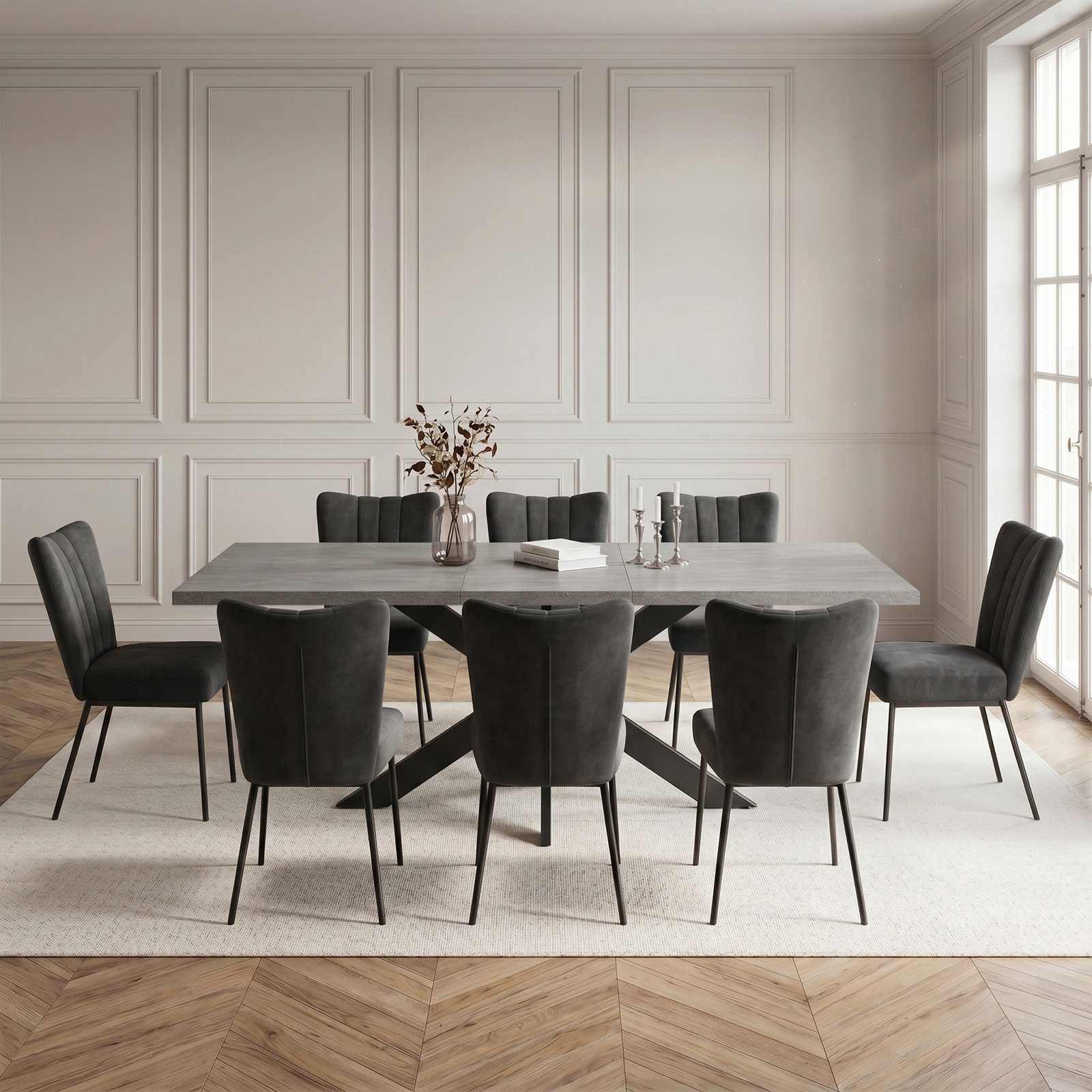 Jiexi Essgruppe Tisch-und Stuhlset, Ausziehbarer Esstisch (160–200 cm) mit 6-8 Stühlen