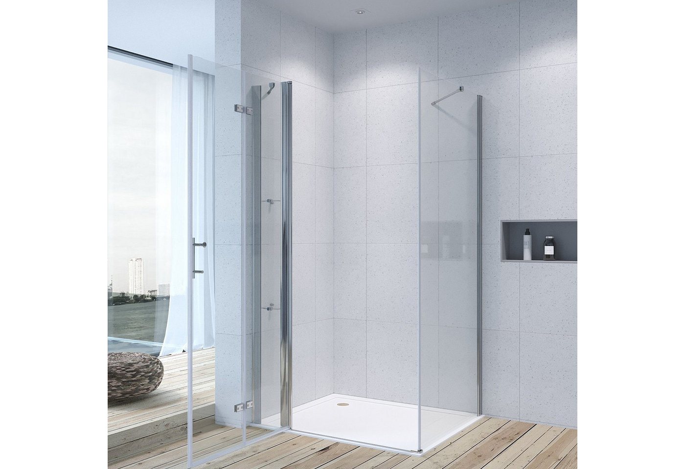 Thumbnail - AQUALAVOS Eckdusche Duschkabine Eckeinstieg Drehfalttür mit Seitenwand Eckdusche Duschtür, BxT: 90x70 cm, 6 mm Einscheib...