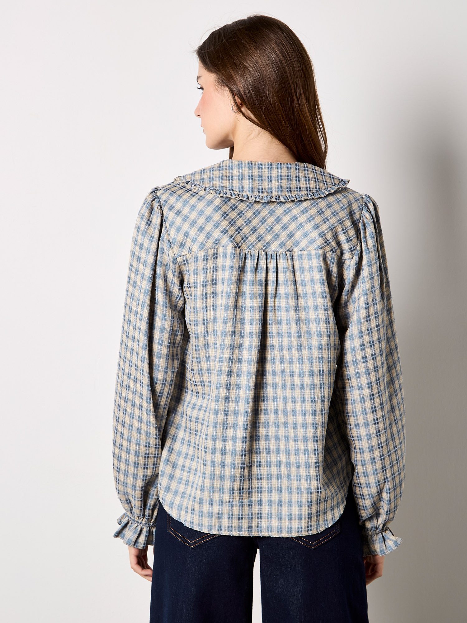 Apricot Rüschenbluse Chenille-Karomuster-Hemd mit Rüschen-Kragen