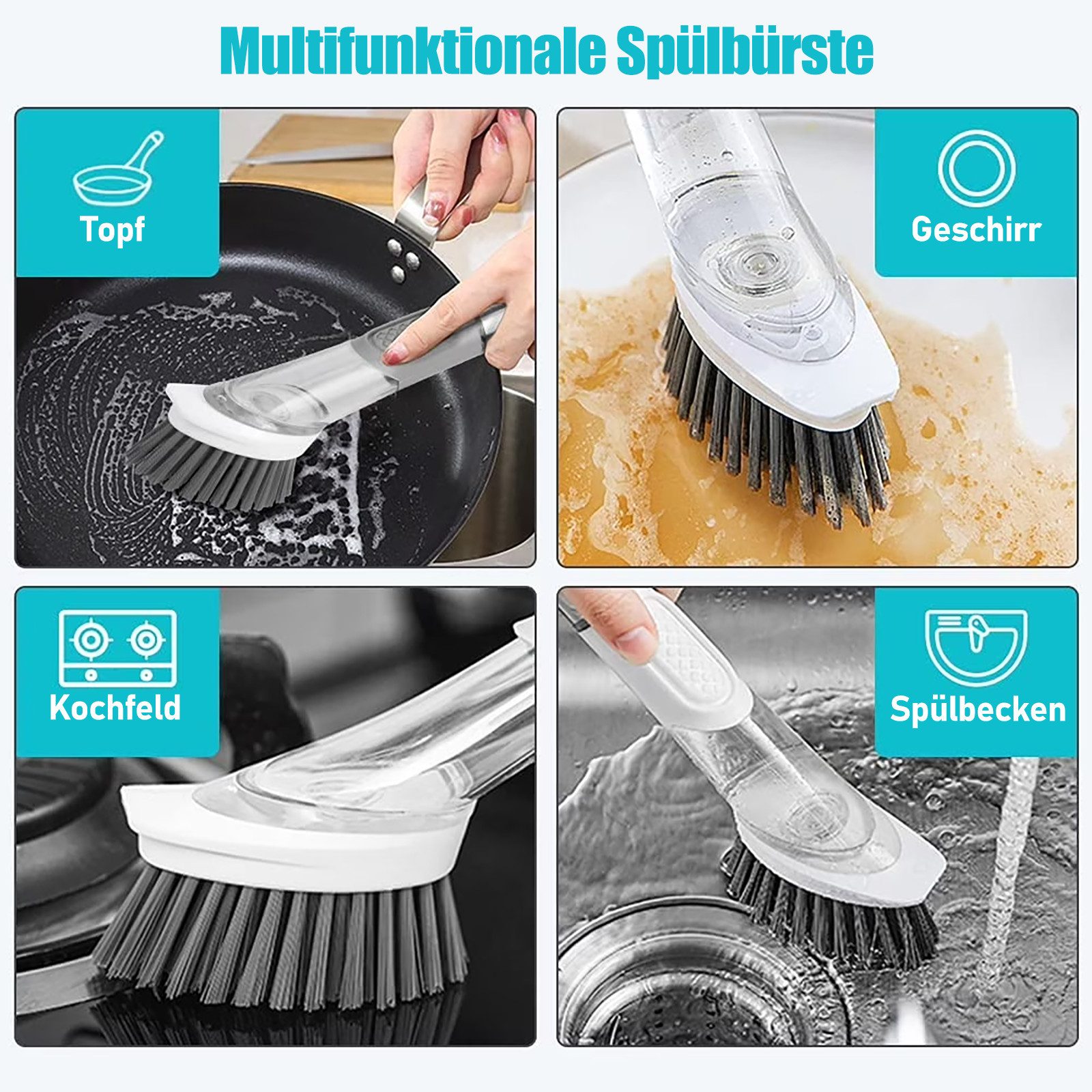 HUGERSTONE Reinigungsbürste Spülbürste mit Spülmittelspender, Multifunktional Küchenbürste Set, für Teller, Gläser, Besteck und Töpfe, (Set, 4-tlg, 1 x Spülbürs – Bild 5 von 5