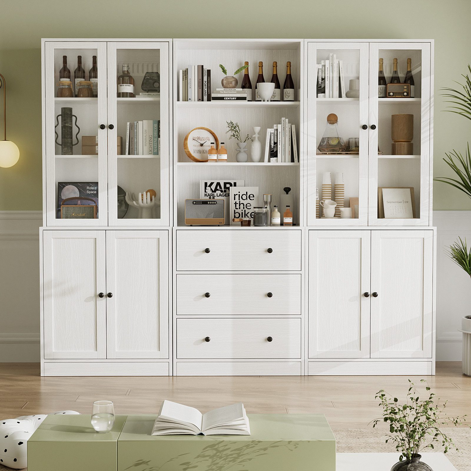 VOWNER Bücherregal 5-stöckiges Bücherregal mit Glastüren, 180 cm Vitrinenschrank, 3-tlg., multifunktionaler Küchenschrank Hochschrank & Buffetschrank