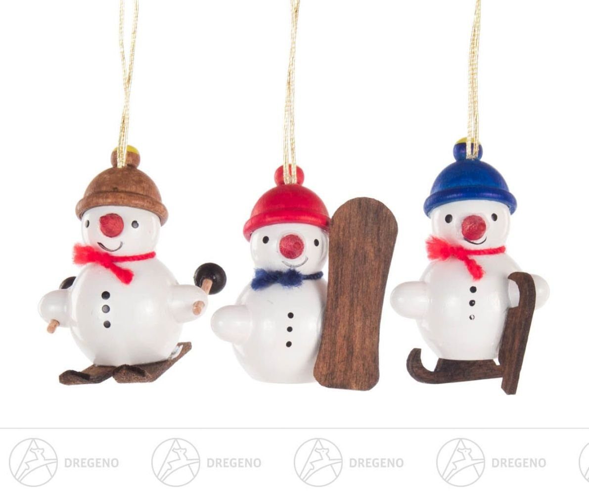 Dregeno Erzgebirge Christbaumschmuck Baumschmuck Behang Schneemanntrio Wintersportler Breite x Höhe x Tie, mit Faden zum aufhängen und Schlitten Ski Snowboard