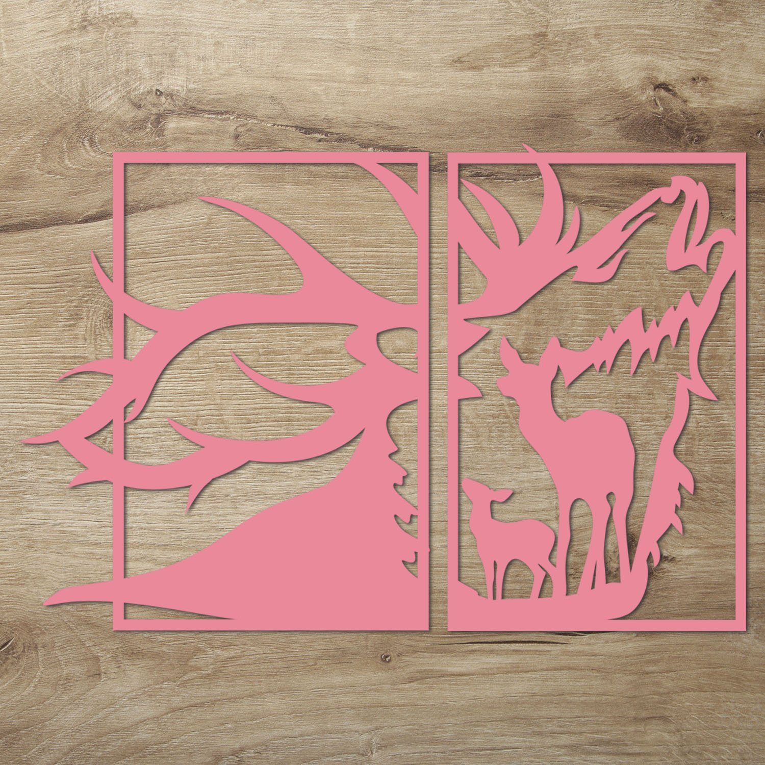 Namofactur Wanddekoobjekt XXL Hirschkopf mit Reh im Rahmen, Holz Deko (2 St., 2-teilig), Wandtattoo Hirsch mit Reh aus Holz in verschieden Farben erhältlich Rosa | Wandobjekte
