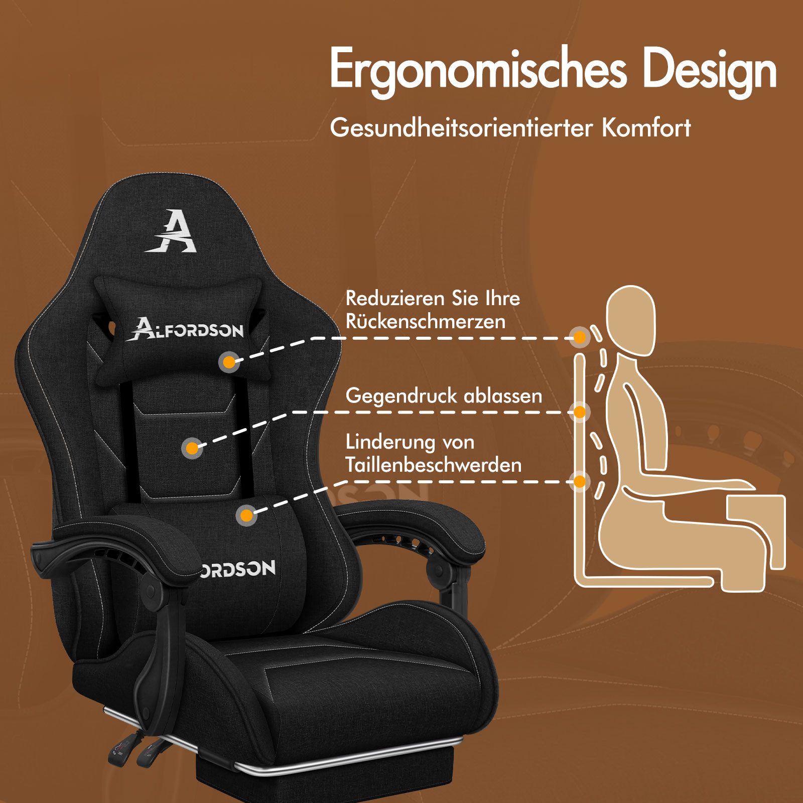 ALFORDSON Bürostuhl Gaming-Stuhl, Massage-Gaming-Stuhl, Ergonomischer Gamer-Stuhl, mit Fußstütze, Kopfstütze, Massage-Lendenkissen, Gepolstert, Schwarz
