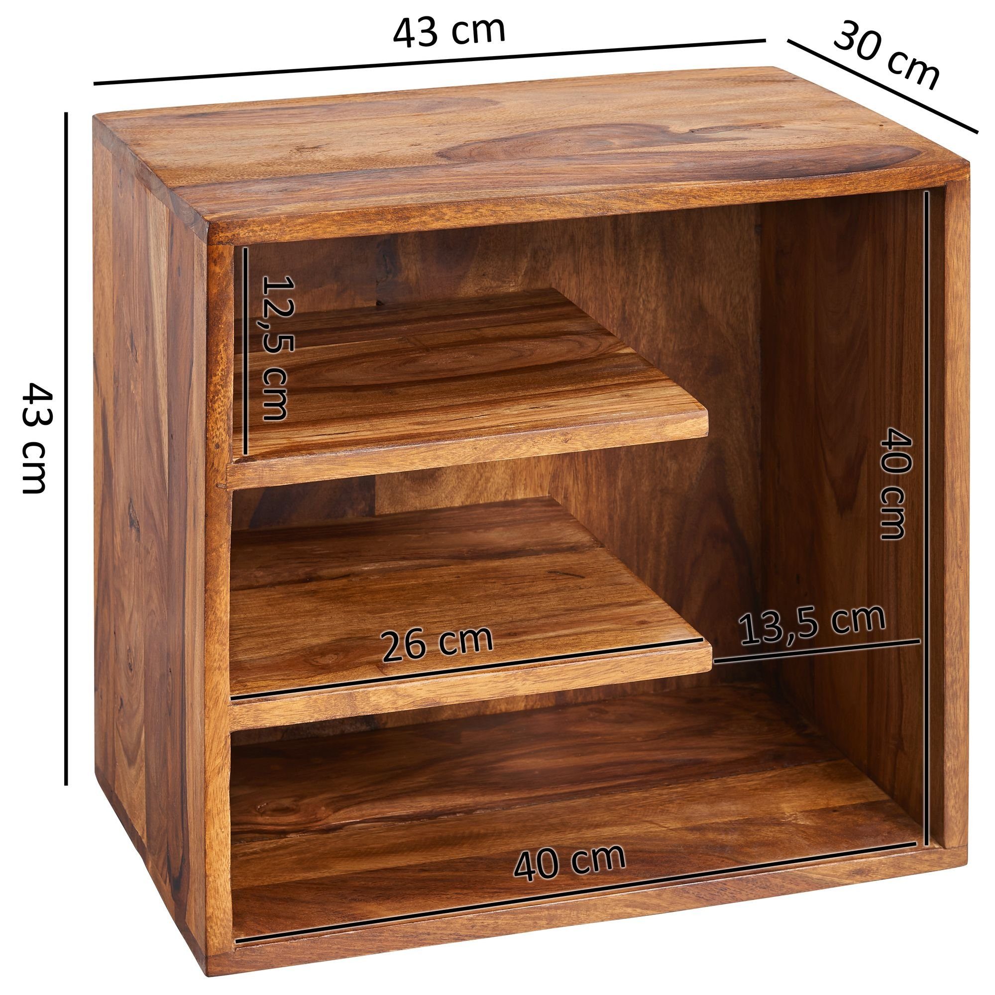 Sheesham Design Massivholz, Wohnzimmertisch Wohnling Nachttisch), Kleiner mit (43x43x30 Beistelltisch Holztisch cm WL5.676 Stauraum,