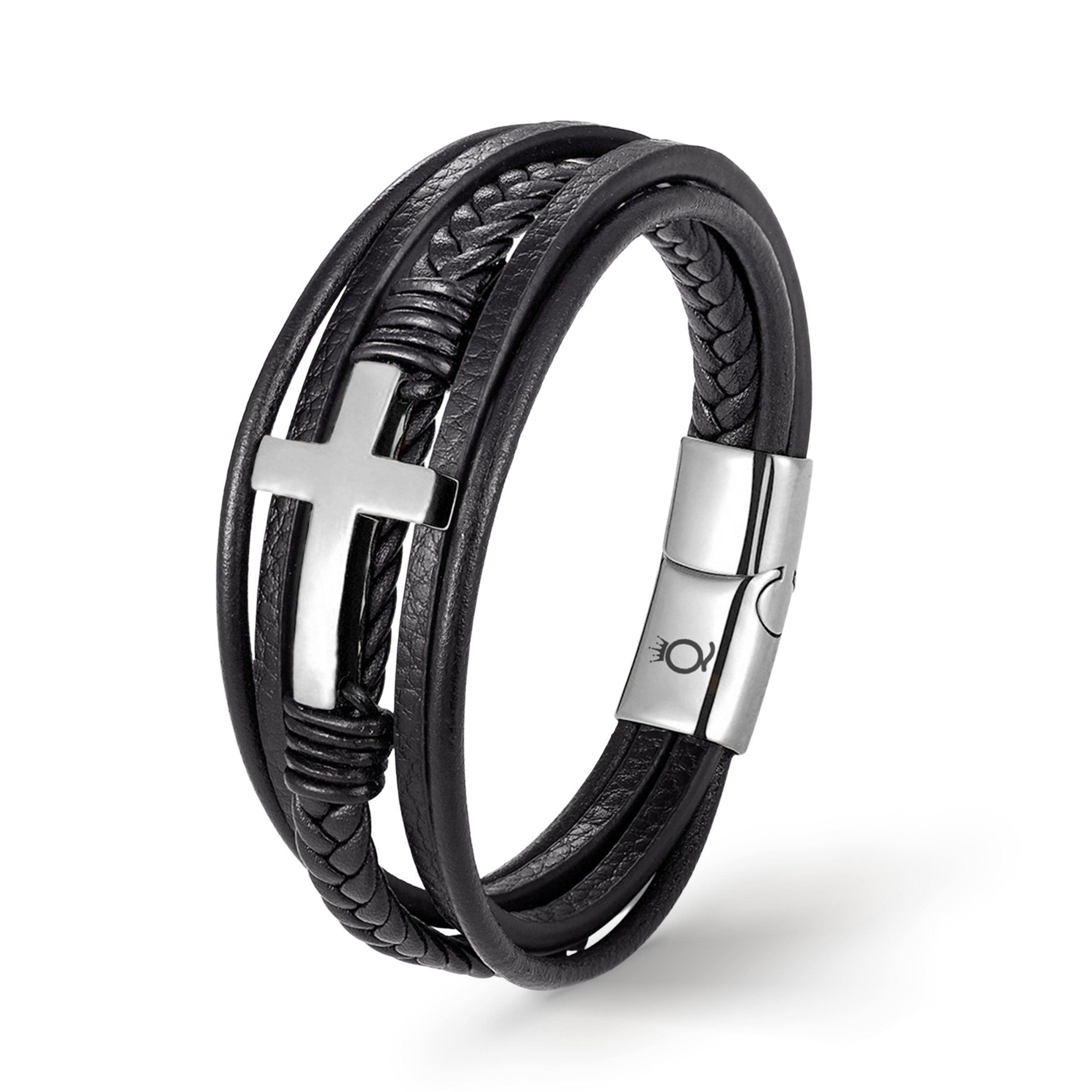 Lederarmband handgefertigt) Style, mit Casual Silber Echtleder, Herren "HEAVEN" jesus (Edelstahl, Lederarmband Kreuz Geflochten UNIQAL.de