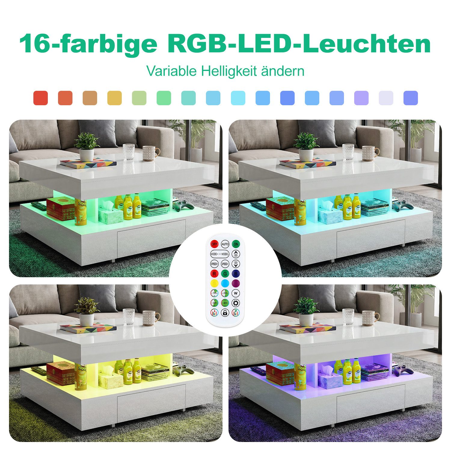 oyajia Couchtisch Wohnzimmertisch Hochglanz mit LED Beleuchtung & Fernsteuerung (Bluetooth-Fernbedienung.App-Steuerung, offenen Fächern,stabil, pflegeleicht, Hochglanz-Design, 1-St., 78 x 78 x 42cm Beistelltisch), mit 2 Schubladen,Farbwechsel-LEDs
