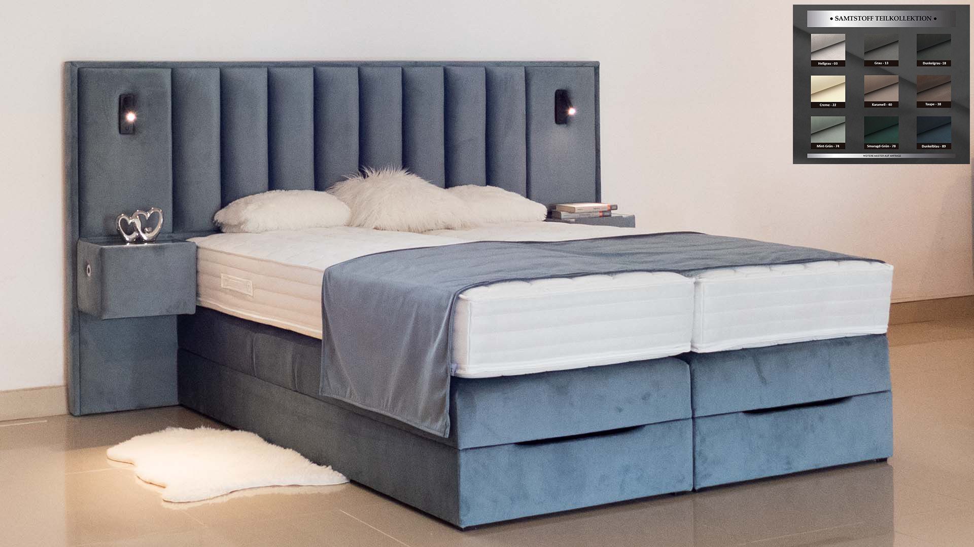 PAARA Boxspringbett mit USB und Beleuchtung, mit Bettkasten und Nachttischen, mit innovativem Belüftungssystem
