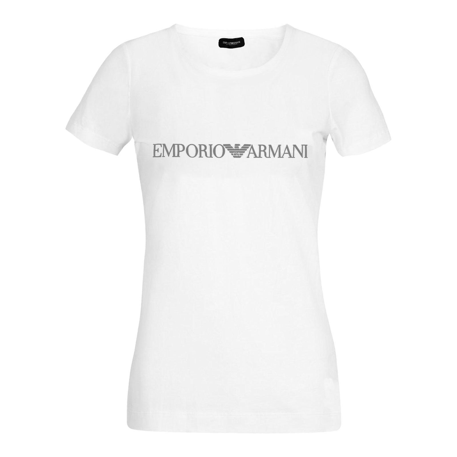 Neck der white auf mit Markenschriftzug T-Shirt Round Loungewear-Shirt 00010 Armani Brust Emporio